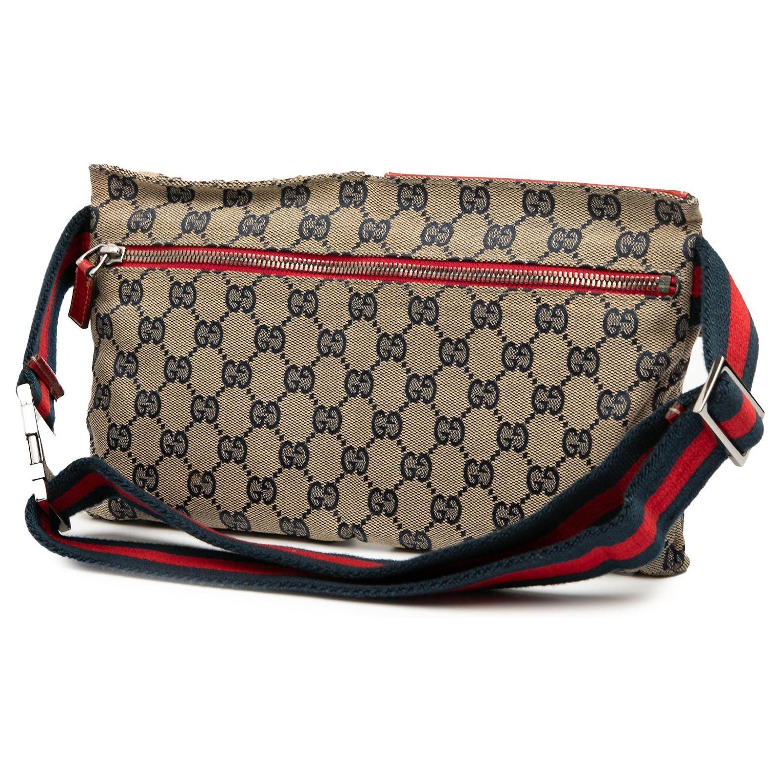 Gucci Brown GG Canvas Web Double Pocket Belt Bag Beige Cloth 