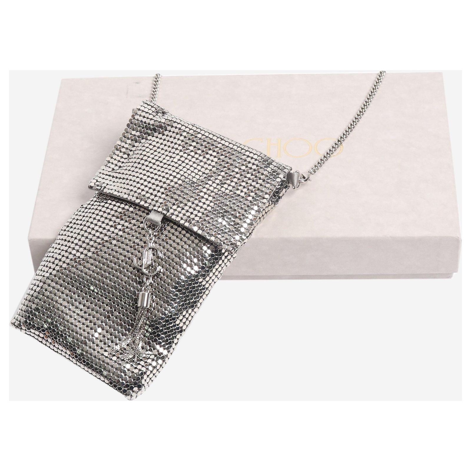 Jimmy Choo Silver soft phone holder Silvery Satin ref.JC2570587 