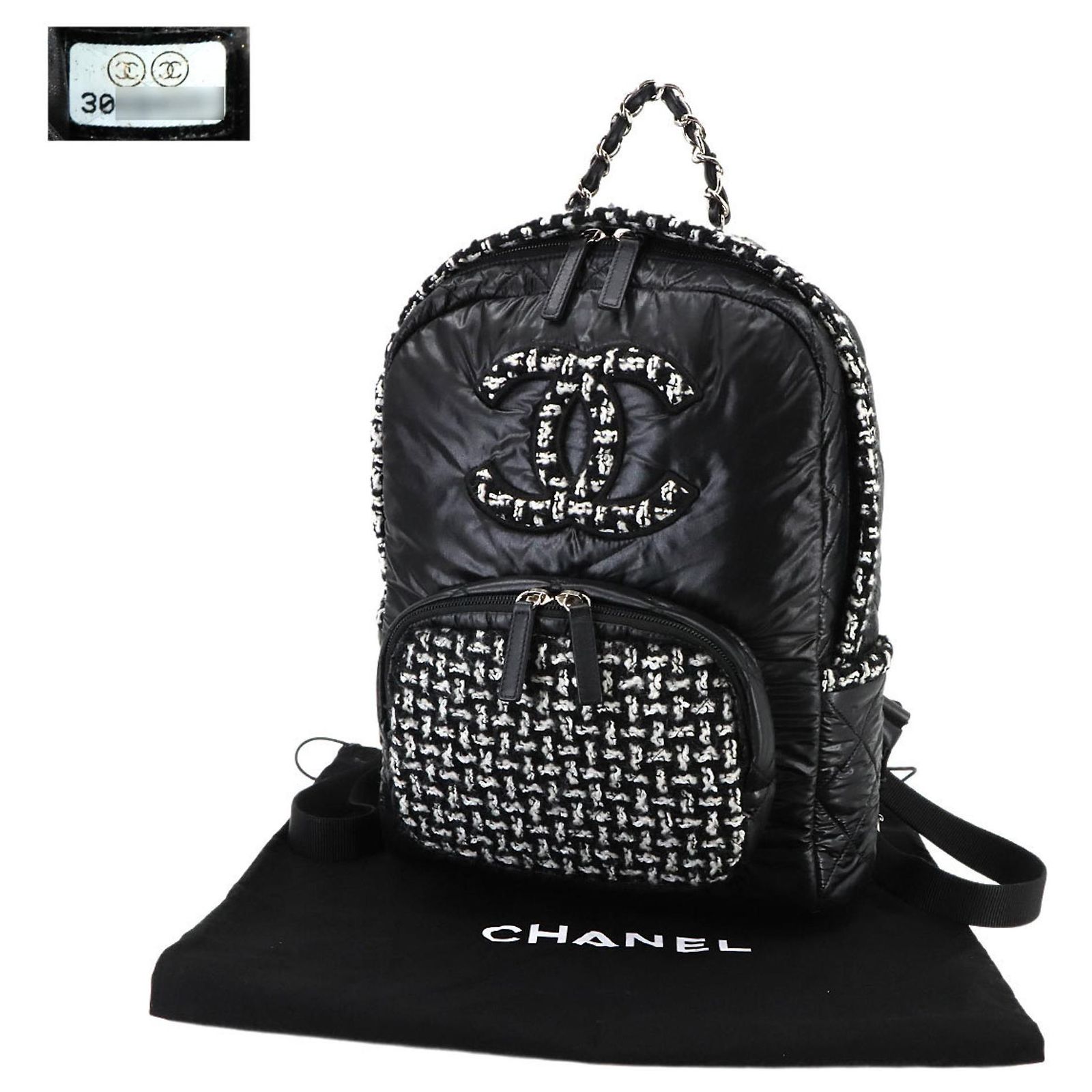 Chanel Coco Neige Backpack Black White Tweed Nylon ref 