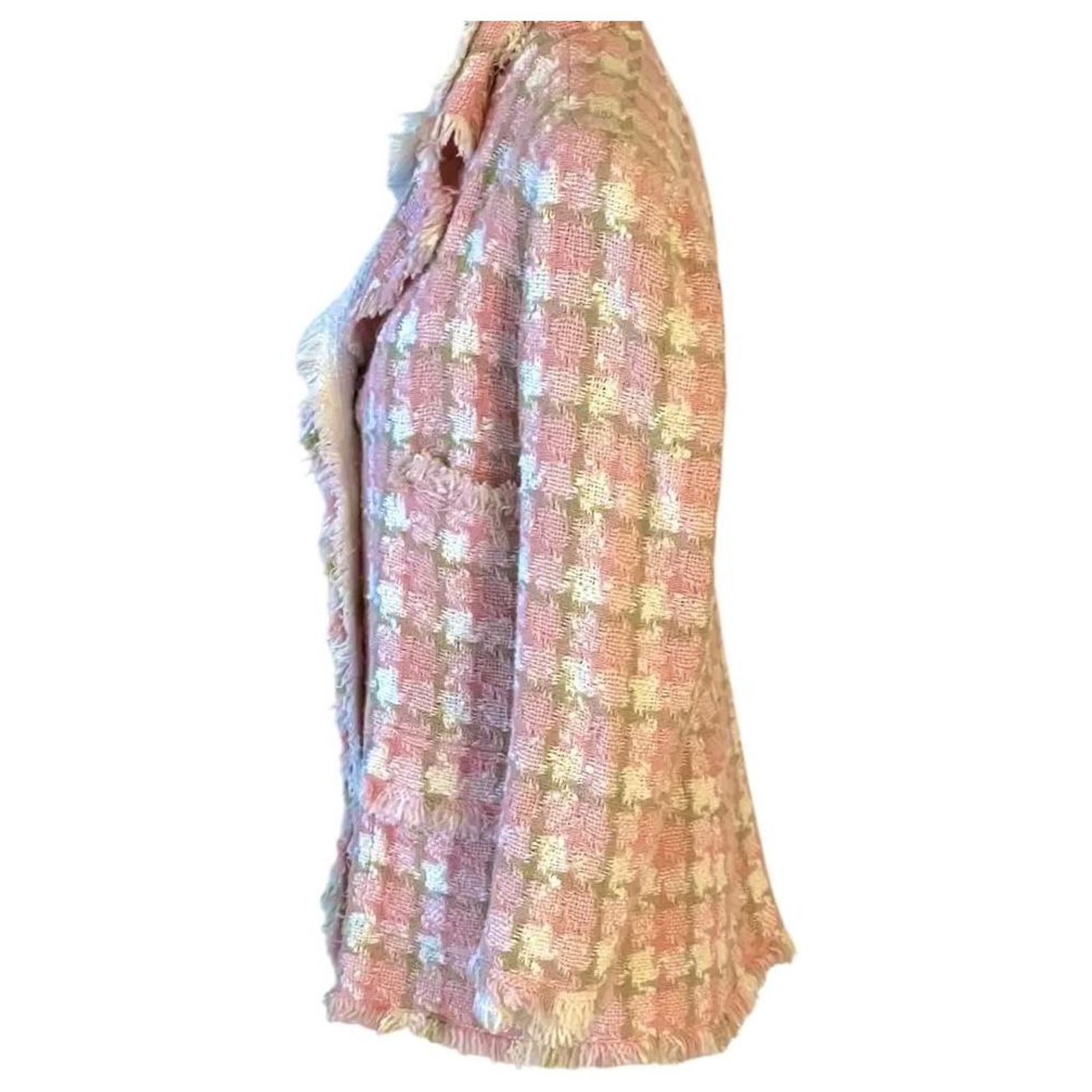 Chanel 04C Pink White Cream Fringe Tweed Checker Jacket FR 42