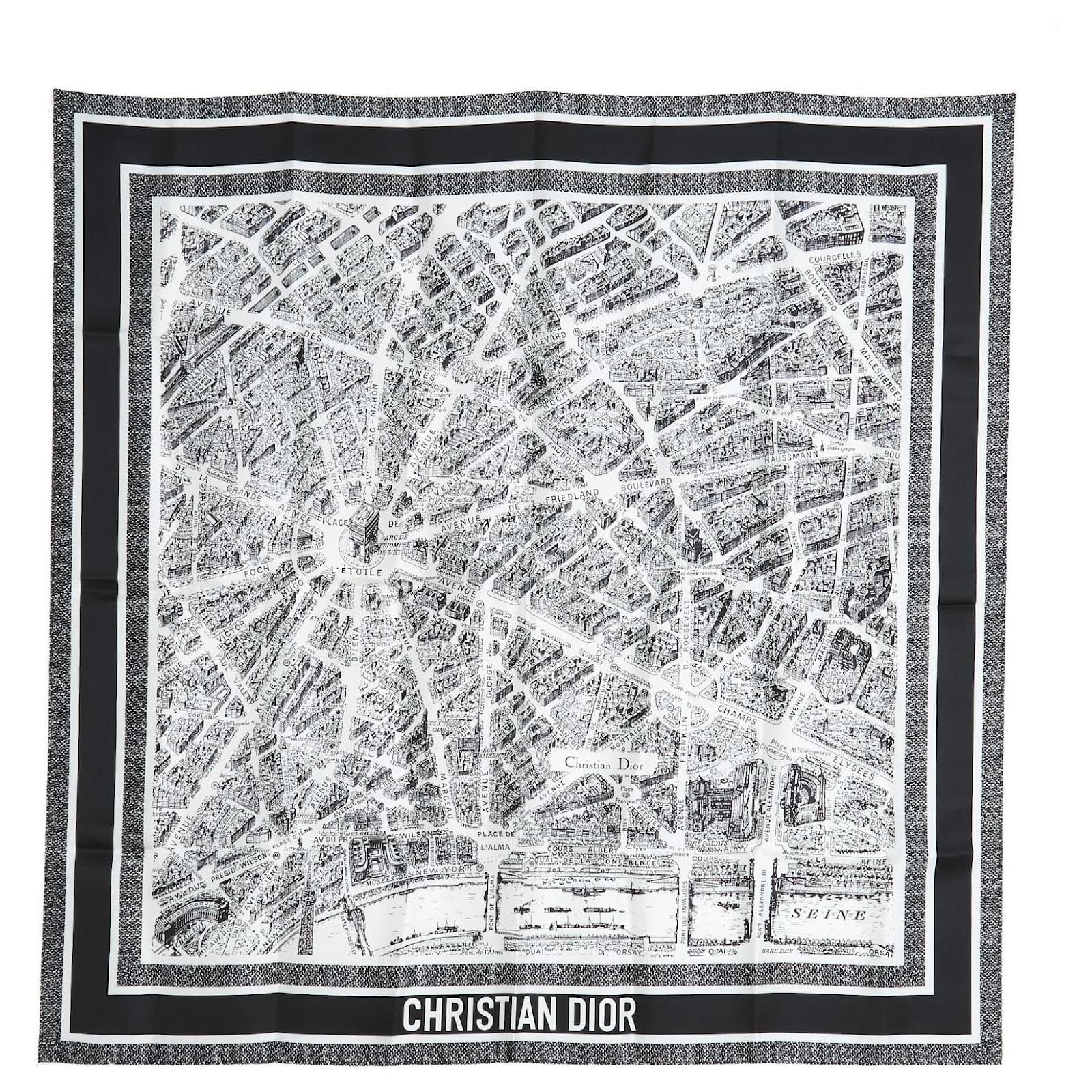 Christian Dior Paris Map Silk Iconic White Navy Twill Scarf NIB