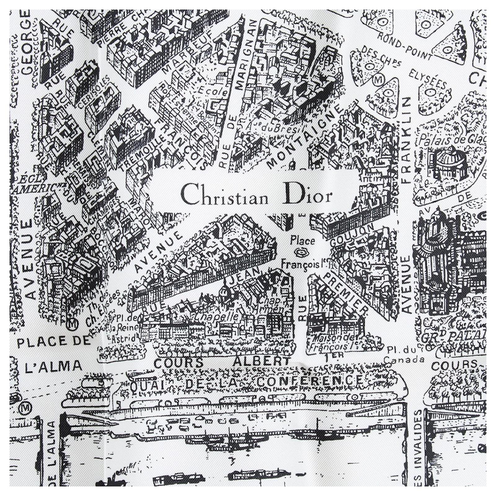 Christian Dior Paris Map Silk Iconic White Navy Twill Scarf NIB