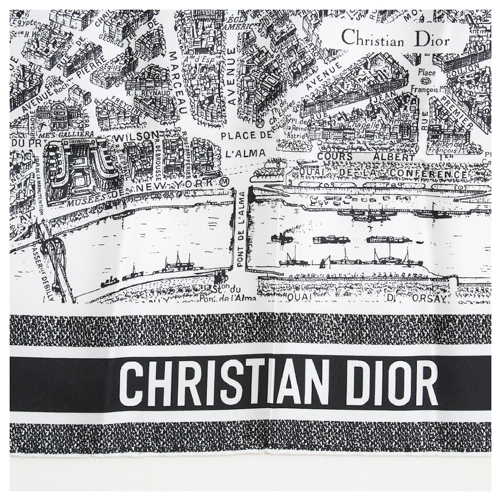 Christian Dior Paris Map Silk Iconic White Navy Twill Scarf NIB