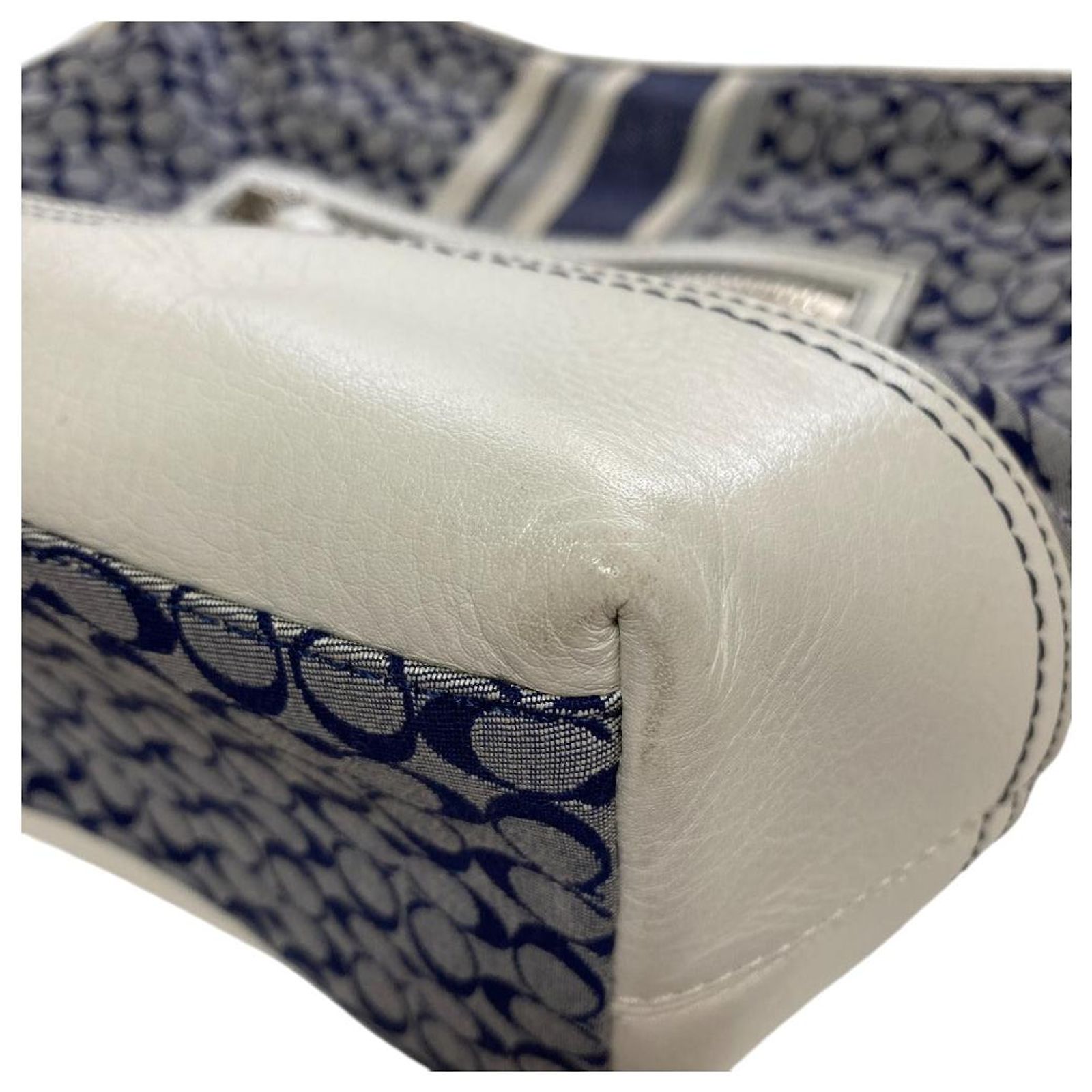 Coach Legacy Signature Stripe Canvas Leather Shoulder Bag White 