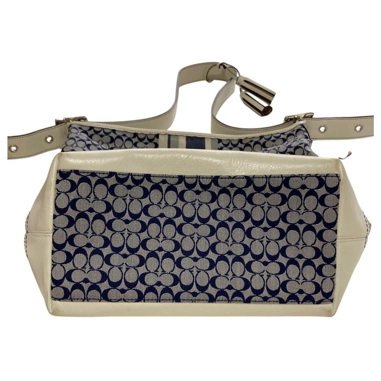 Coach Legacy Signature Stripe Canvas Leather Shoulder Bag White 