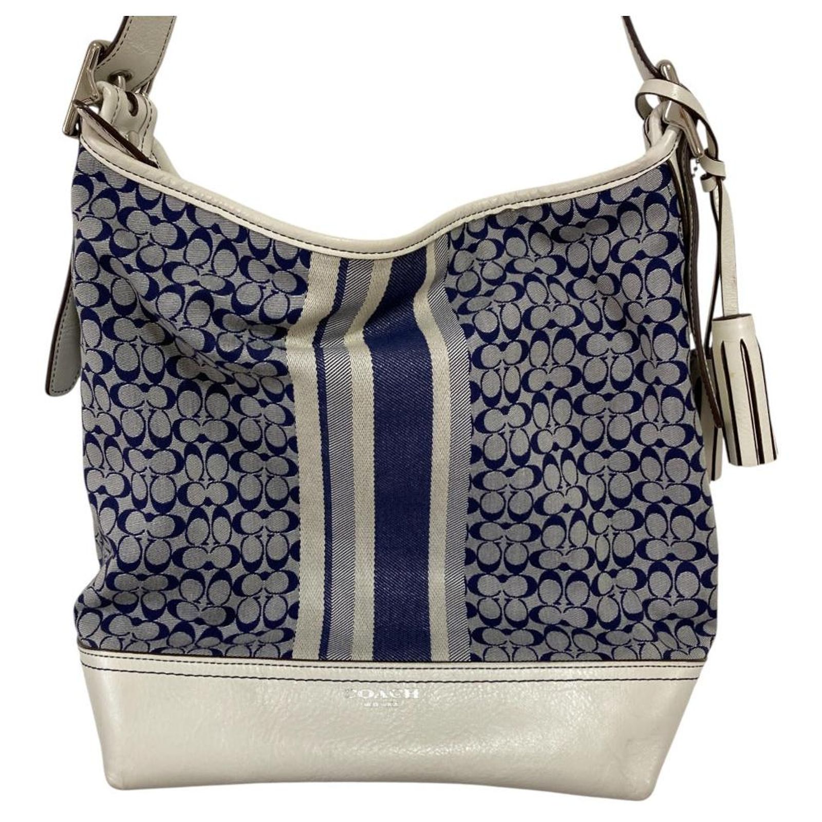Coach Legacy Signature Stripe Canvas Leather Shoulder Bag White 