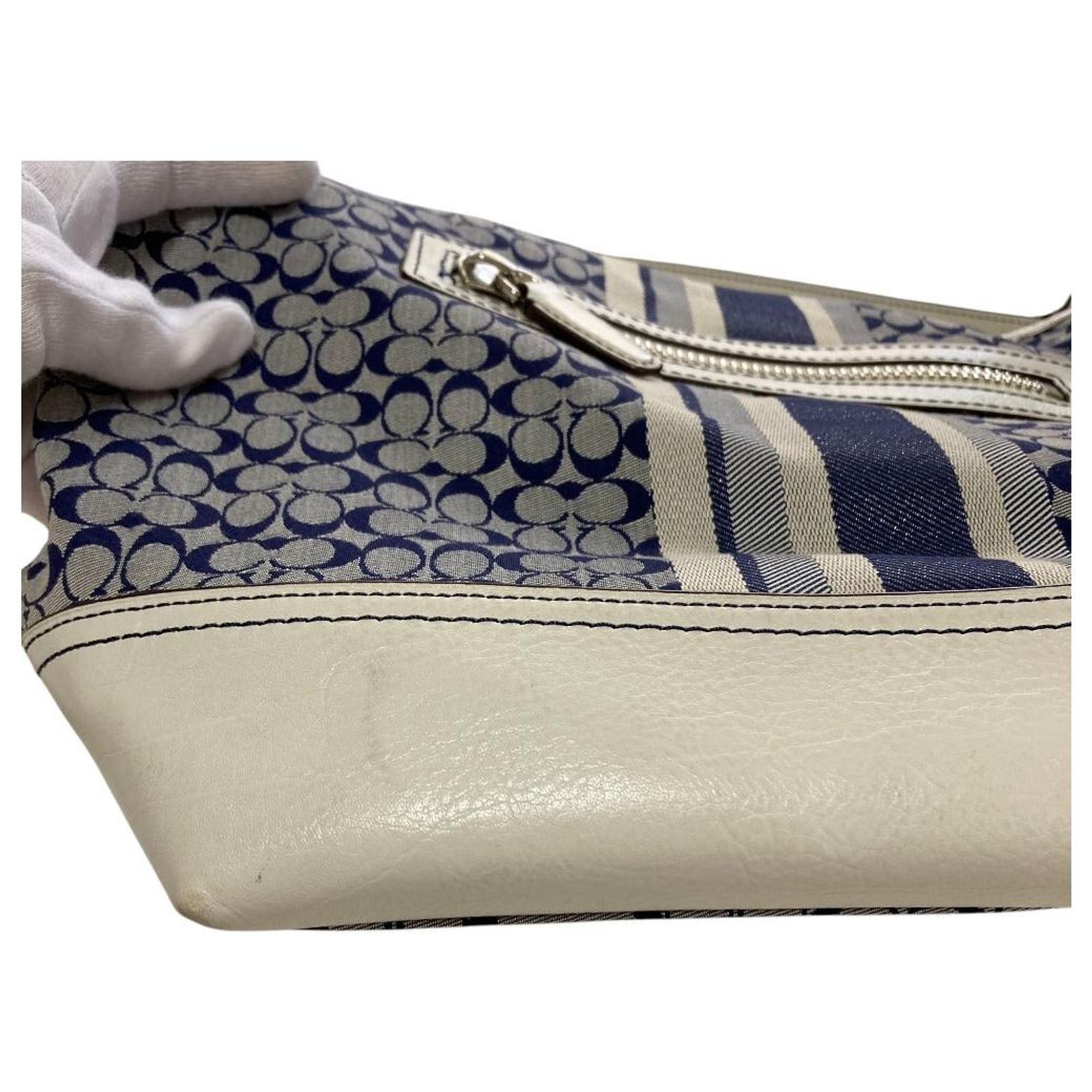 Coach Legacy Signature Stripe Canvas Leather Shoulder Bag White 