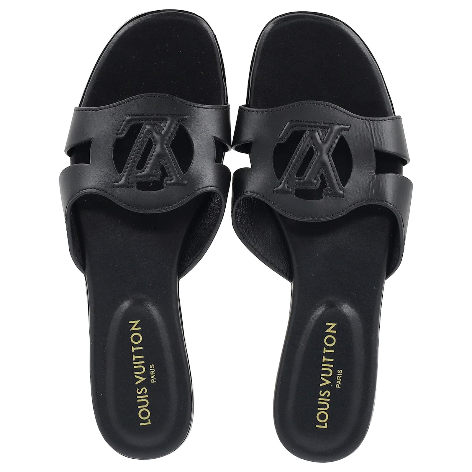 Louis Vuitton LV Isola Slide Flat Sandals in Black Calf Leather