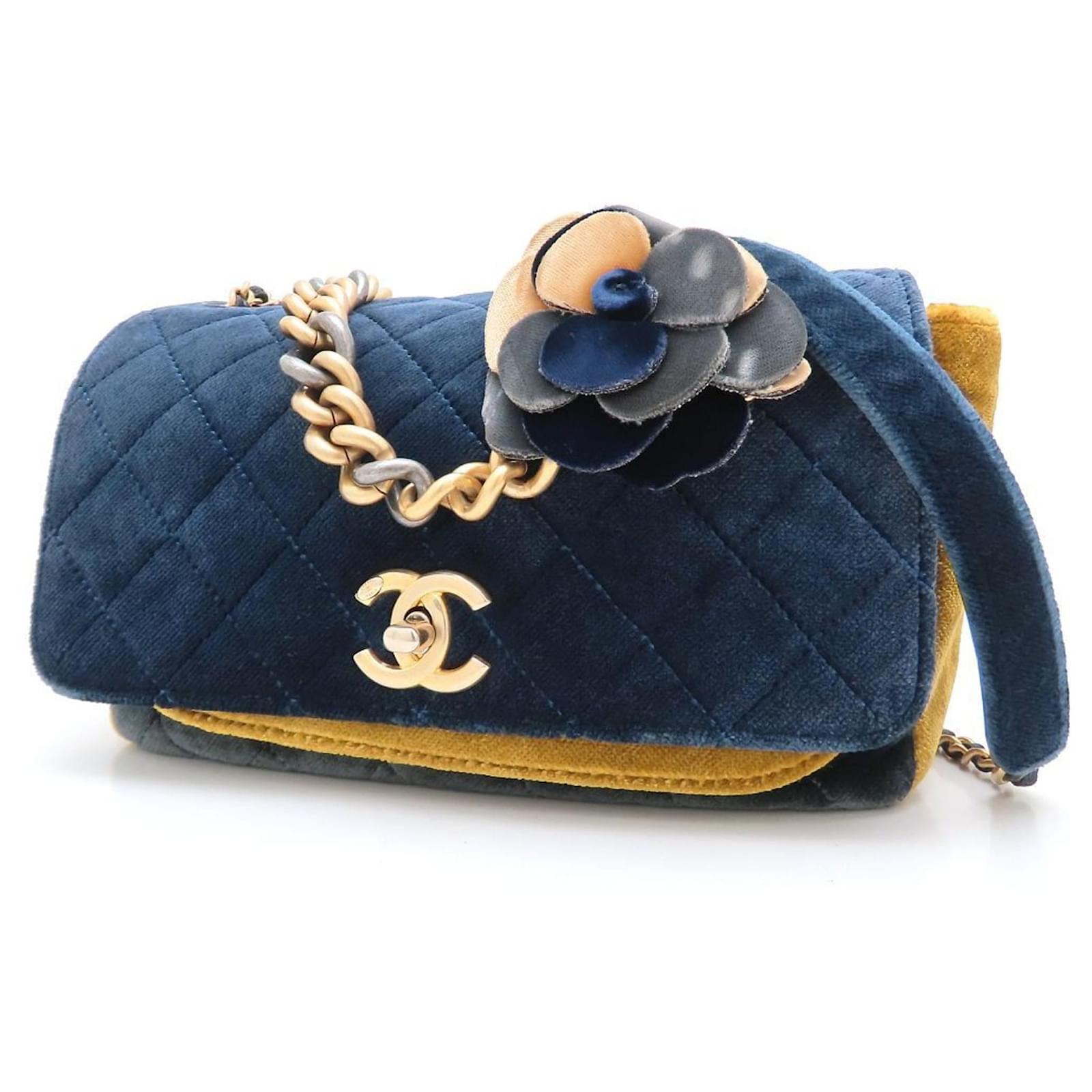 Chanel Camellia Flower Chain Shoulder Bag Mustard Navy blue