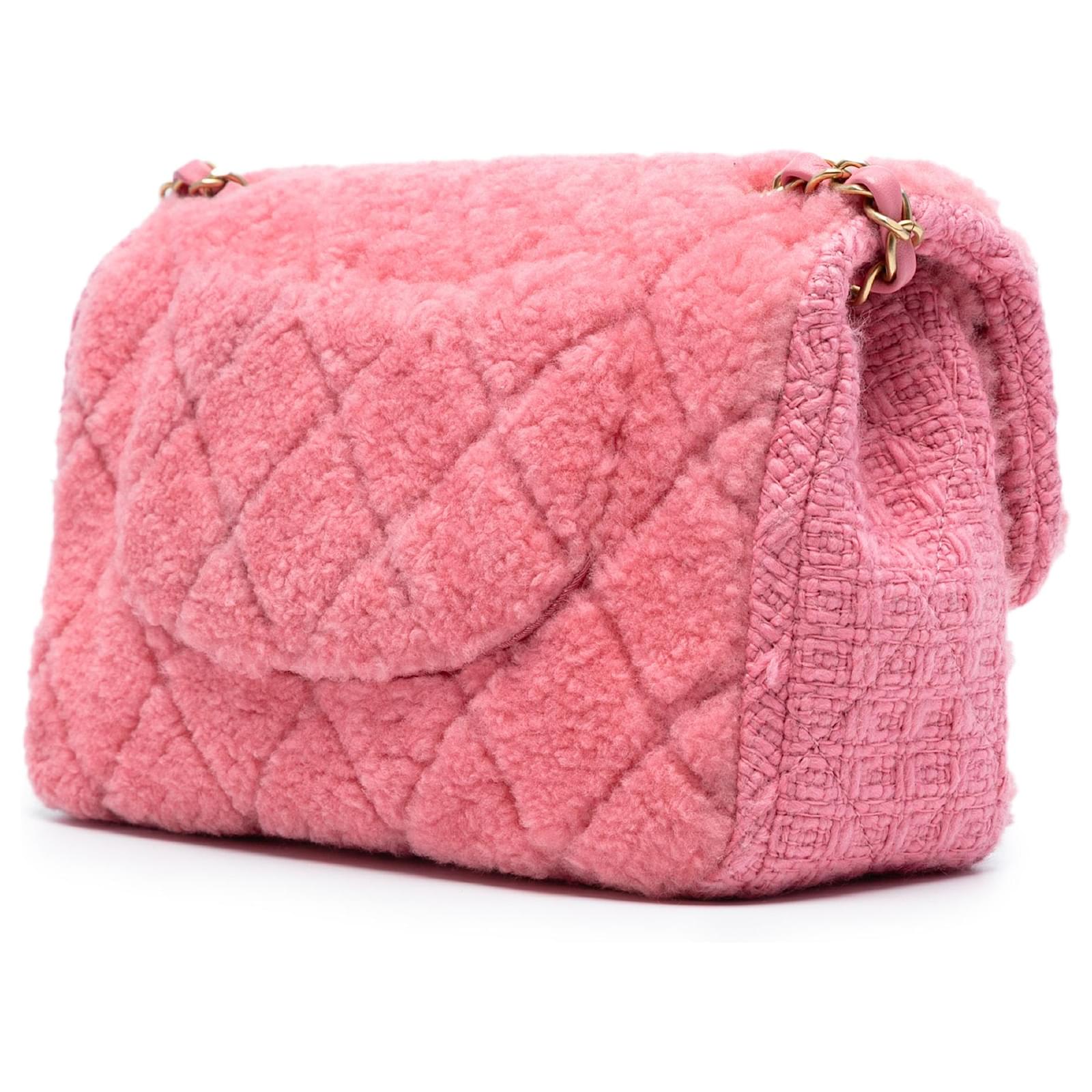 Chanel Pink CC Quilted Shearling and Tweed Single Flap Wool Cloth