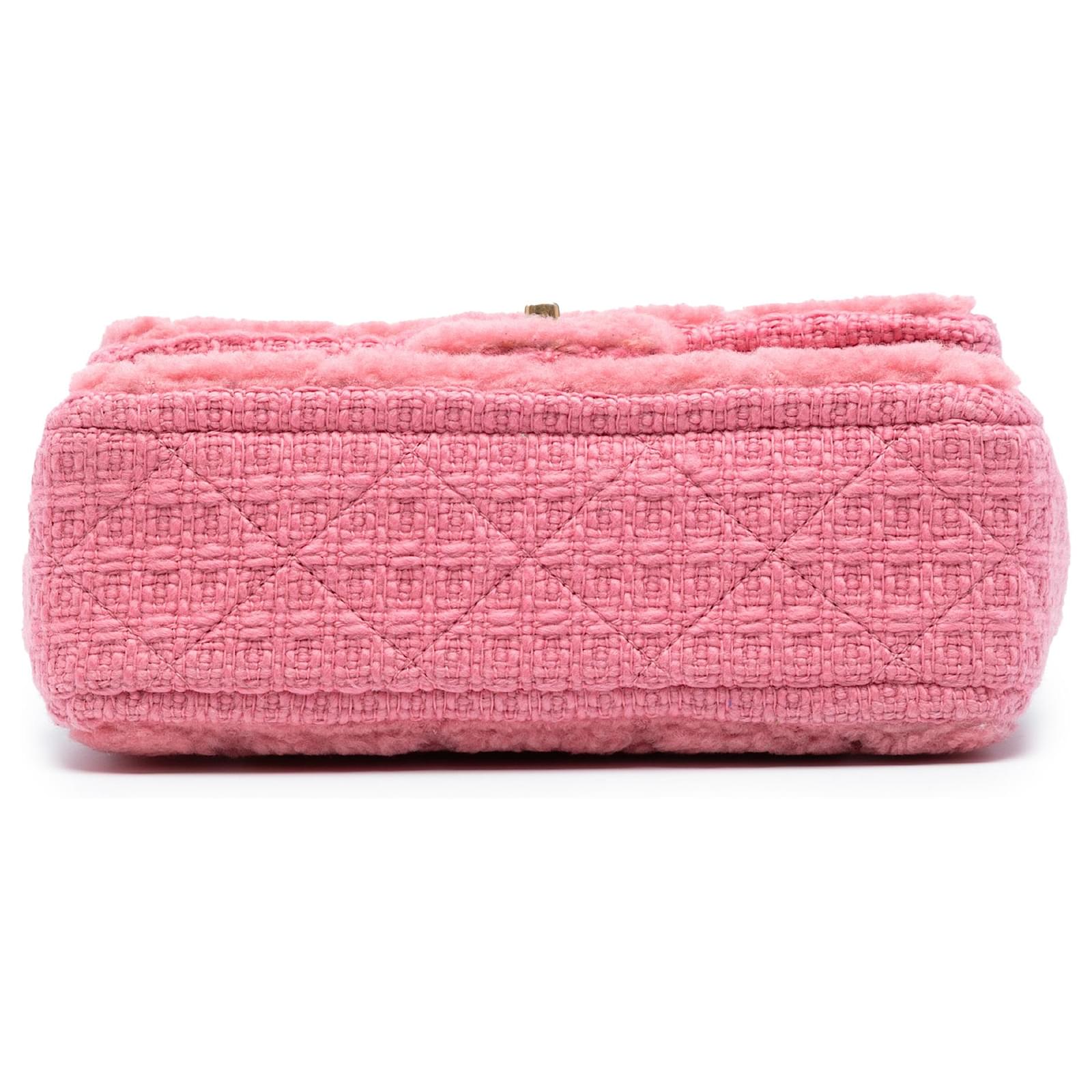 Chanel Pink CC Quilted Shearling and Tweed Single Flap Wool Cloth