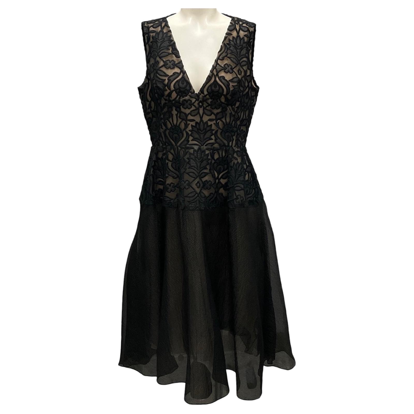 Lela Rose Black / Beige Embroidered Lace Sleeveless Midi Cocktail Dress  ref.2589430 - Joli Closet