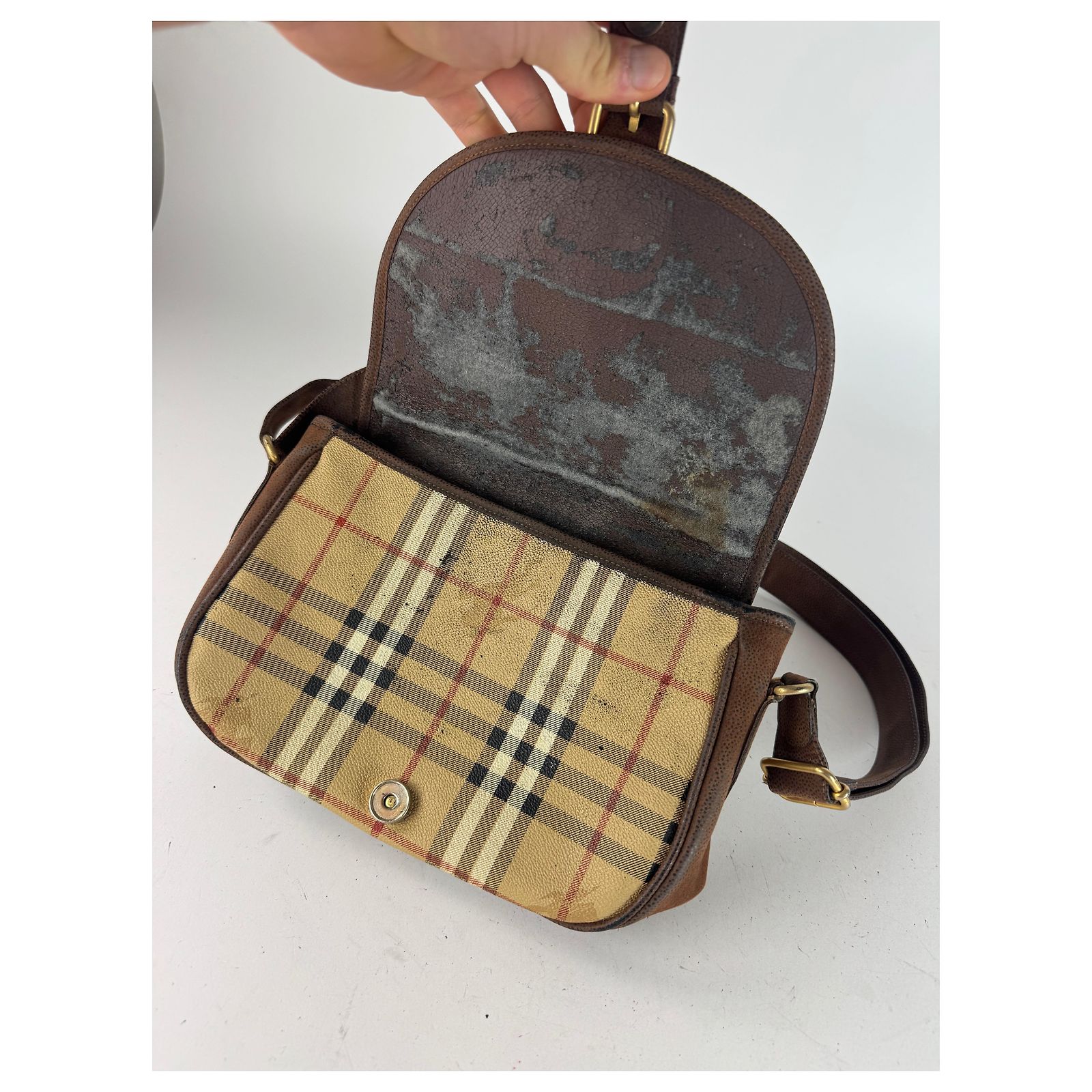 Vintage Burberry 2Way Nova Check Leather Bag Beige Brown ref