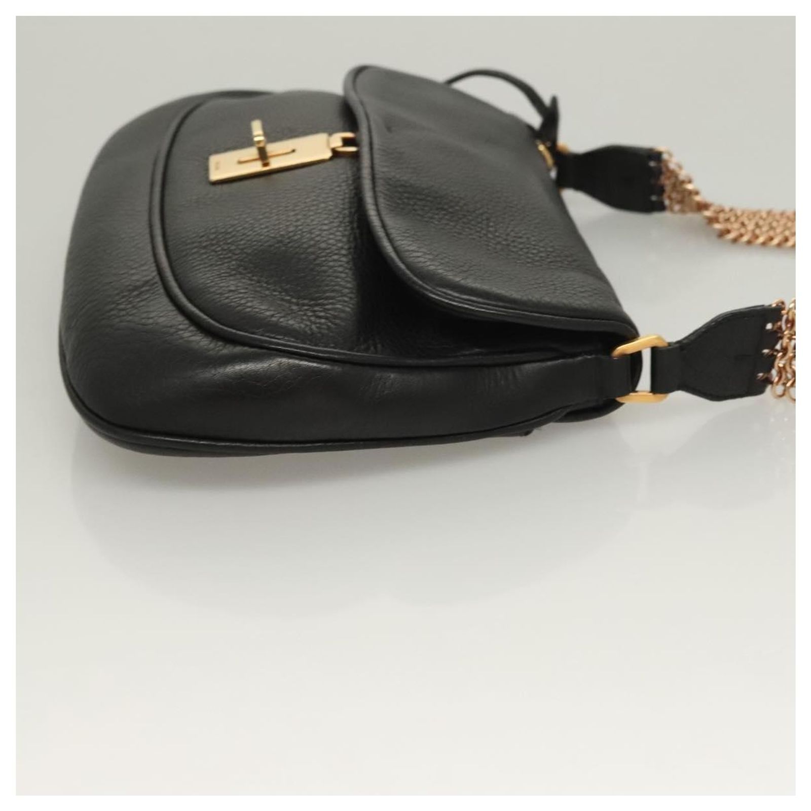 Prada Vintage Chain Flap Shoulder Bag Leather Medium Black ref 