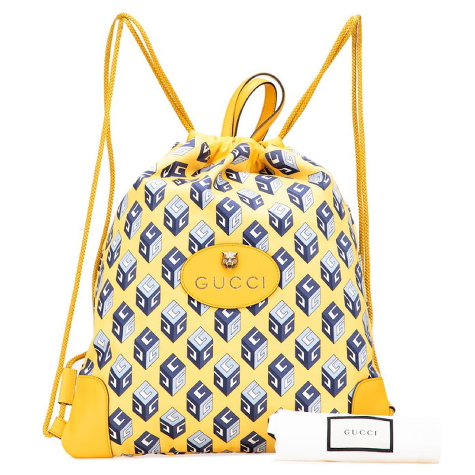 GUCCI イエロー フリンジ リュック Gucci Drawstring Cube Backpack/Knapsack 473872 Blue Yellow Leather