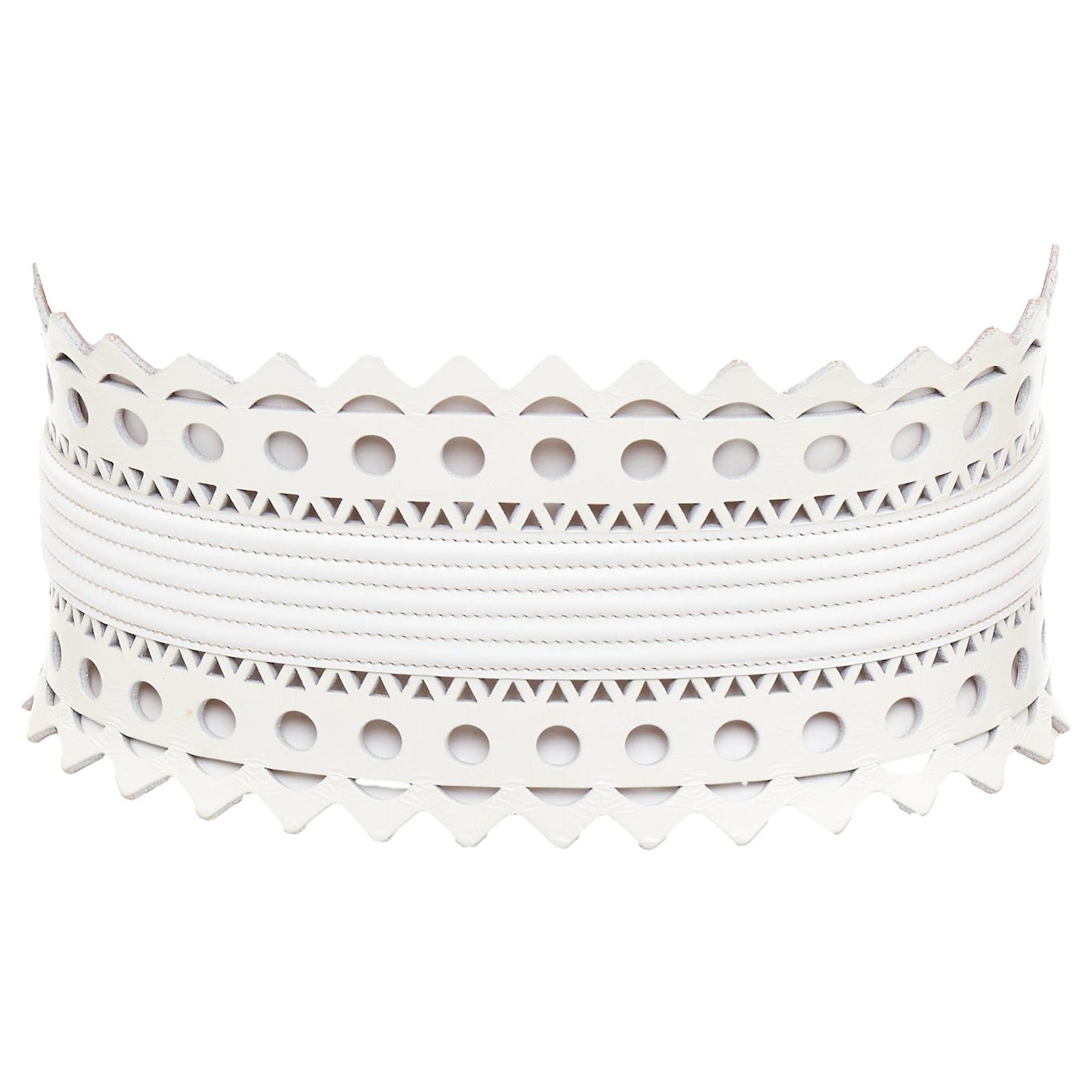 ALAIA white leather punctured perforated cinched waist wide belt 65cm Alaia ALAIA Vienne nude leather laser cut detail cinched  main image 2