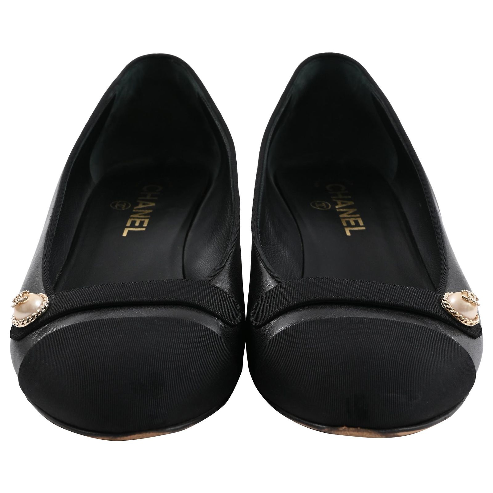 Timeless Chanel Cap Toe CC Pearl Detail Ballet Flats in Black Leather ...