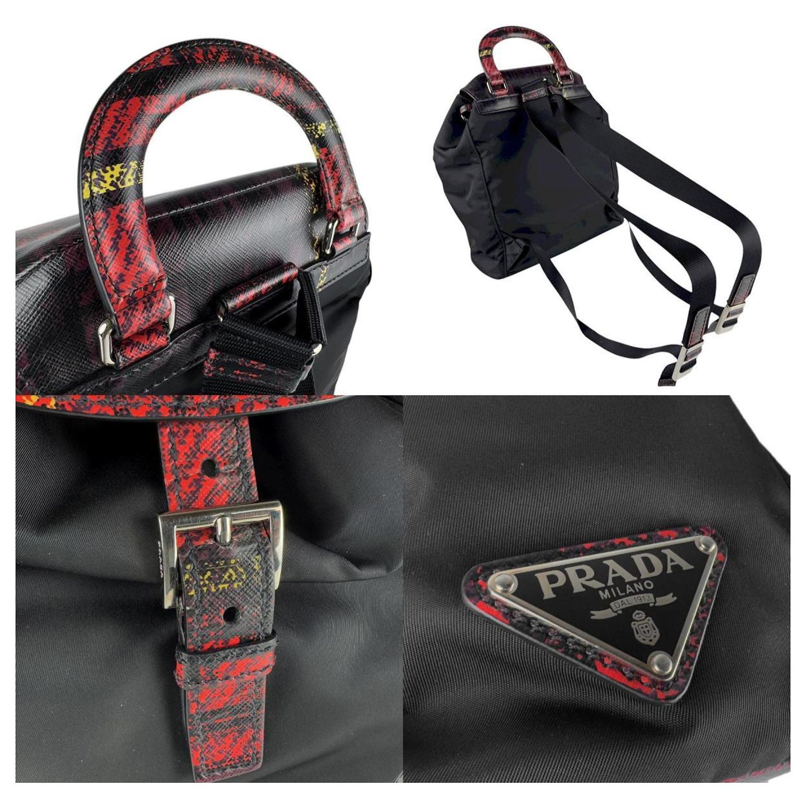 PRADA - Black Gray Red Nylon Leather Backpack Cloth backpack Prada Black in Cloth - 35681525 main image 4