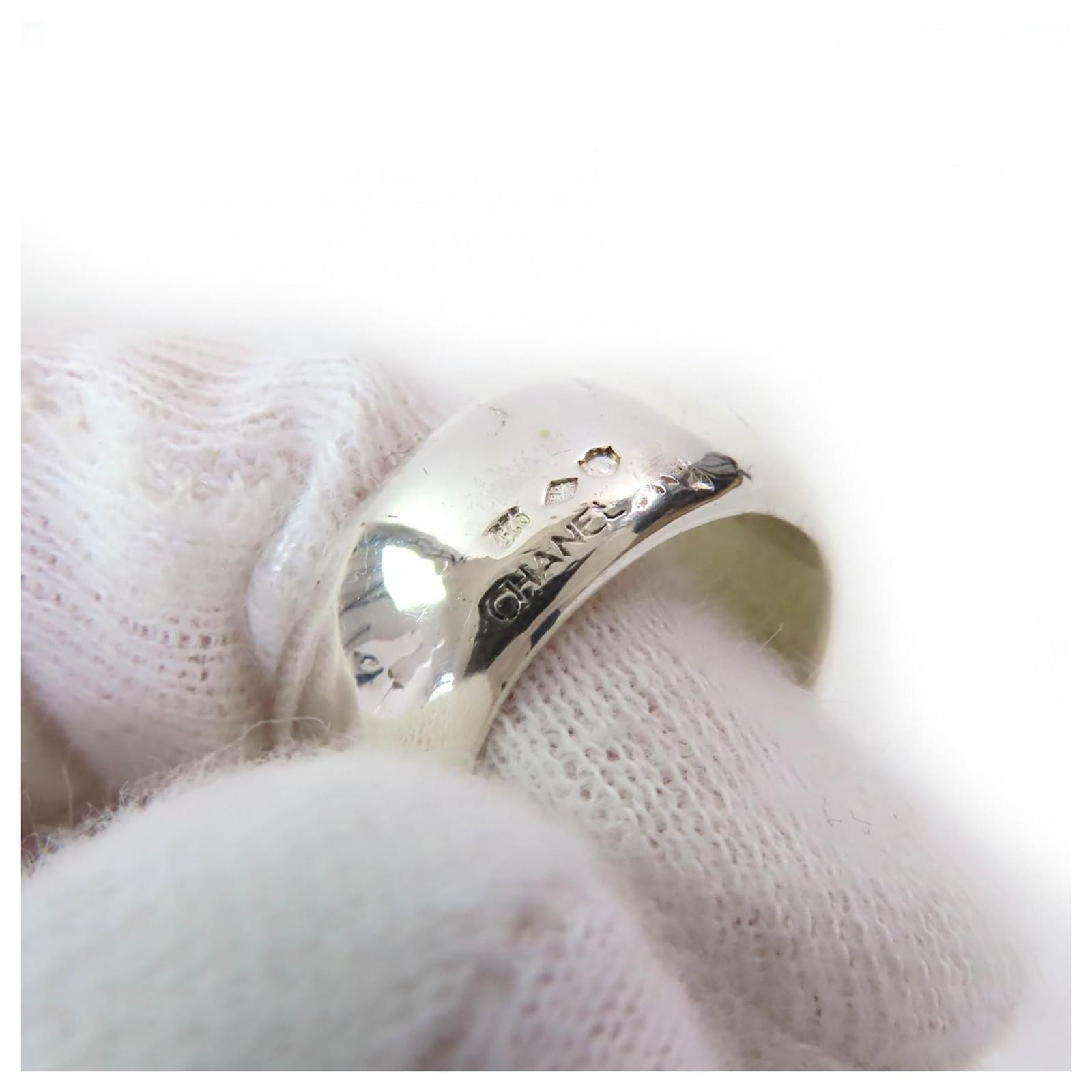 Chanel SV925 Wide Logo Engraved Band Ring Silvery Silver ref