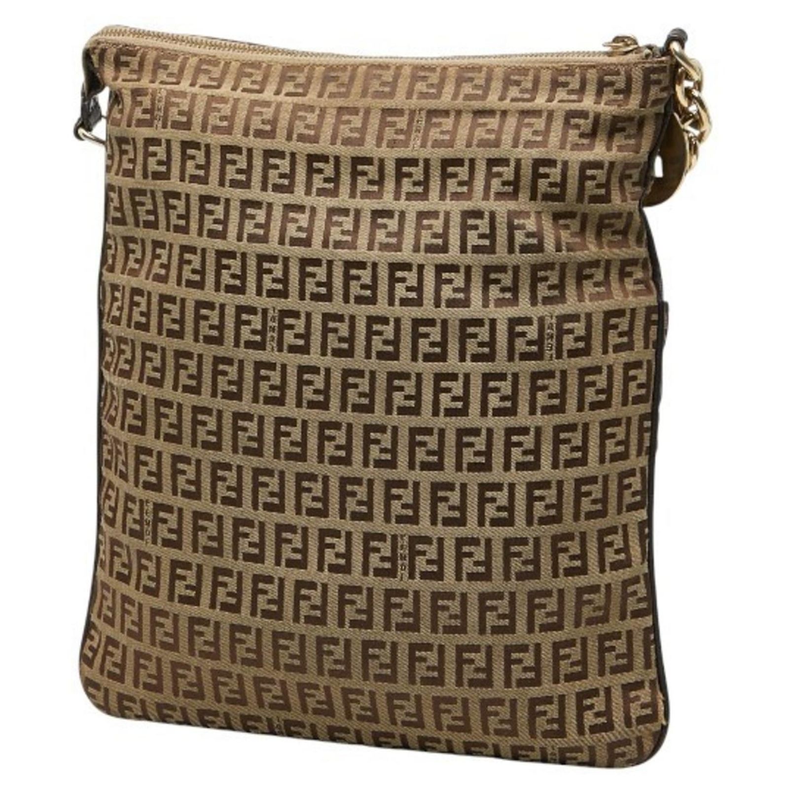 Fendi Zucchino Crossbody Shoulder Bag Brown Beige Leather Cloth 