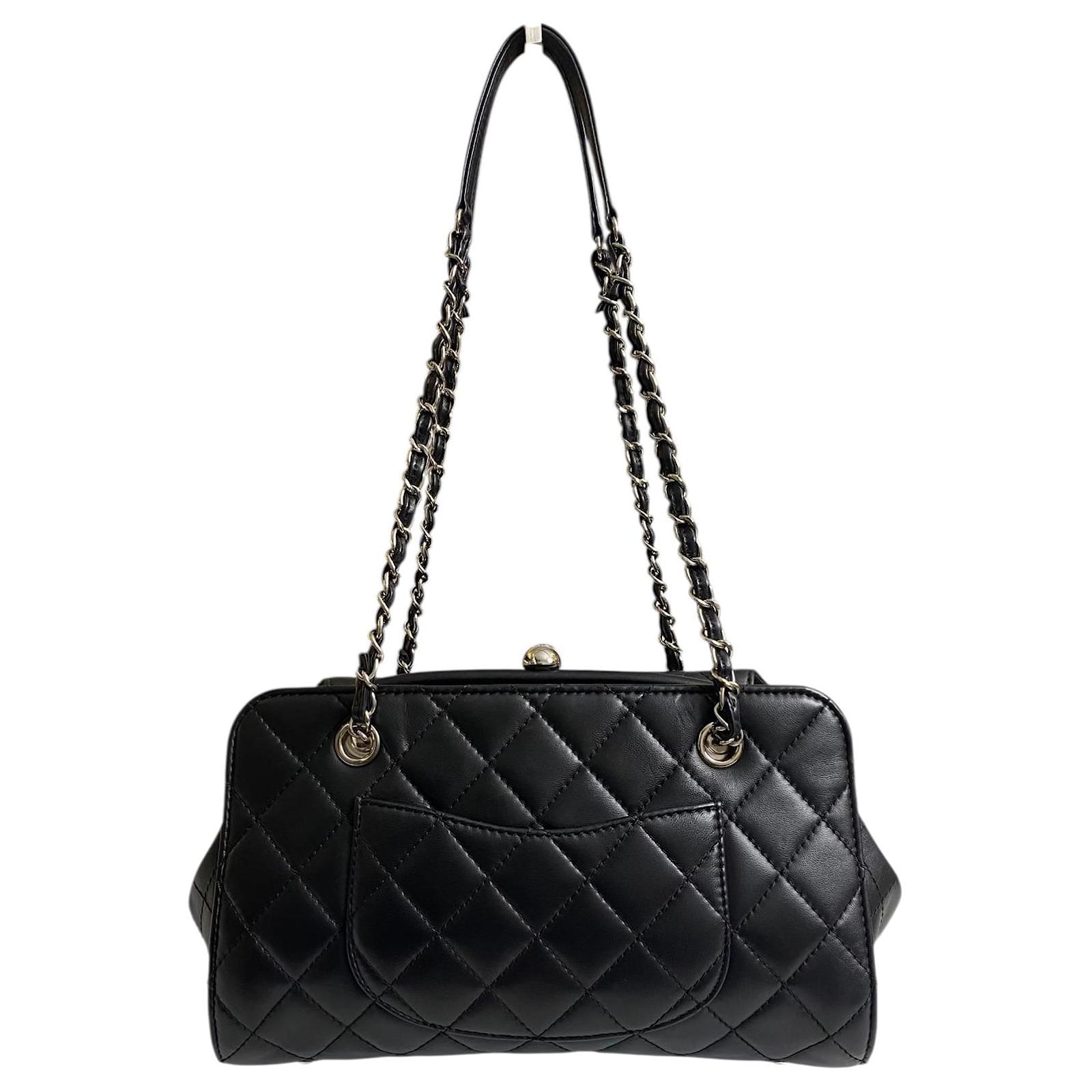 Chanel Classic Black CC Kisslock Lambskin Frame Compartment Bag