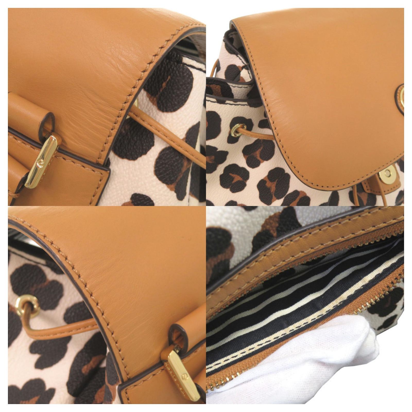 Tory Burch multicolor printed backpack with tan leather trim, top handle bag. Tory Burch Leopard Print PVC Backpack Multiple colors  main image 4