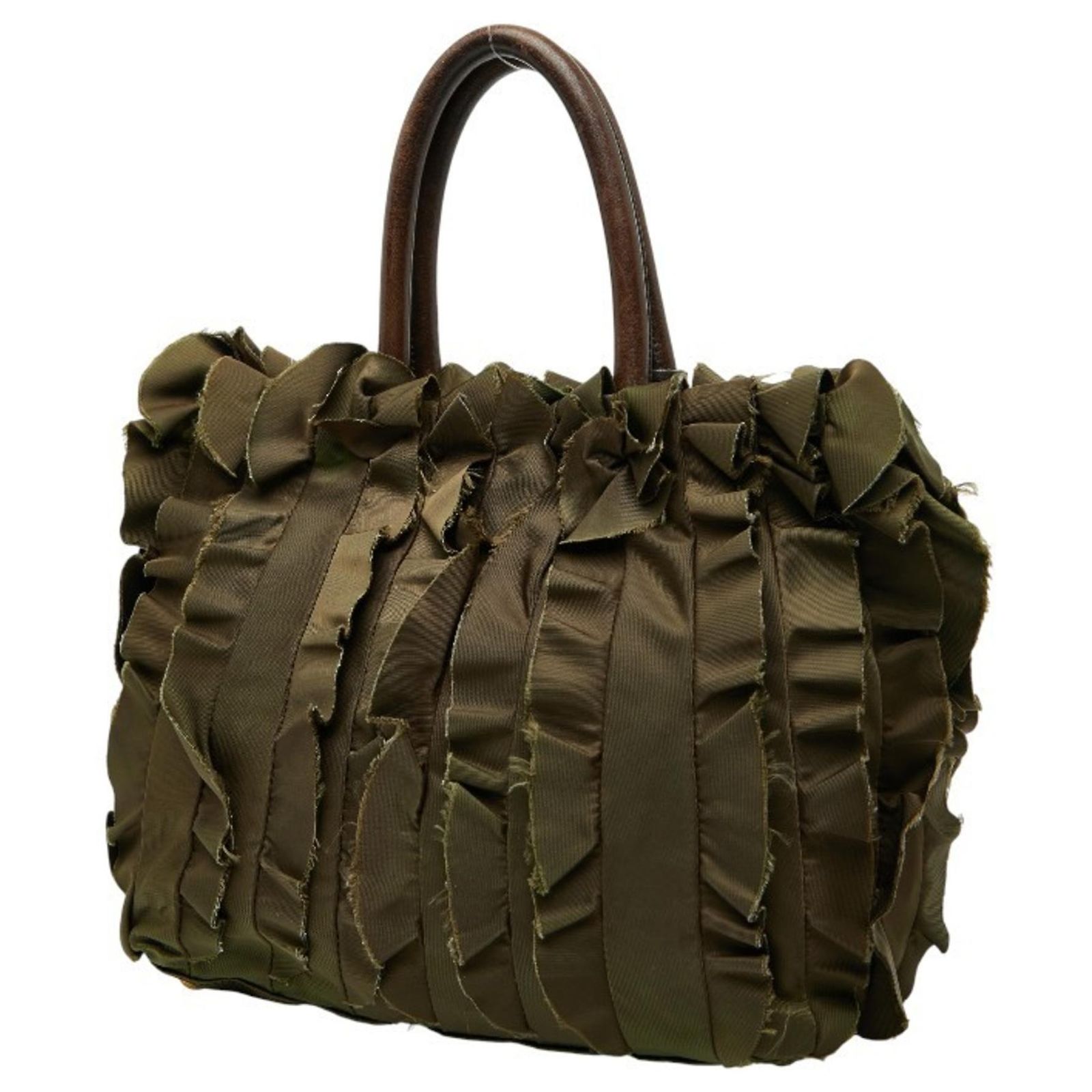 Prada Ruffle Handbag Tote Bag BN1728 Brown Khaki Leather Nylon ref 