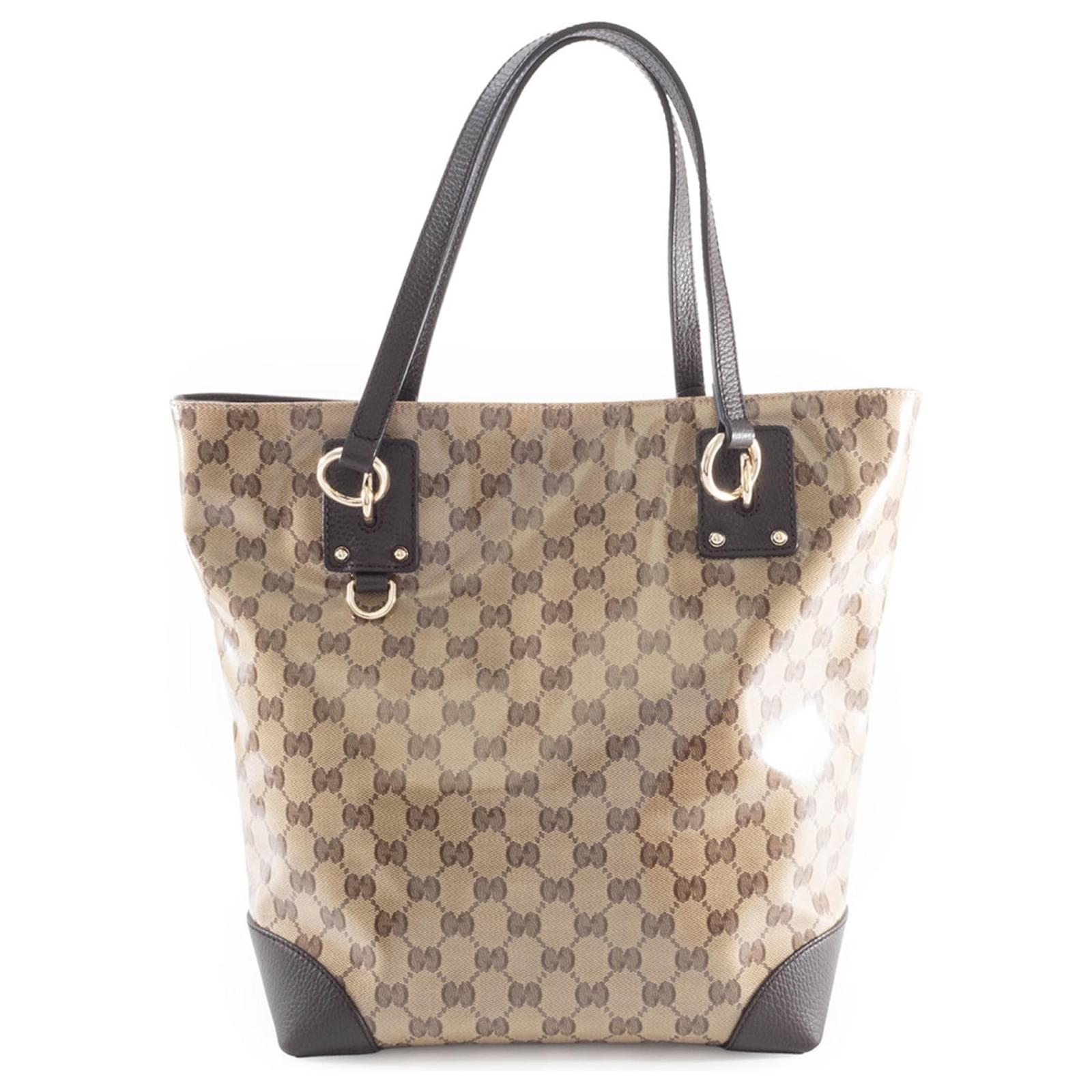 Gucci GG Crystal Tote Bag Brown Beige Leather Cloth Plastic ref
