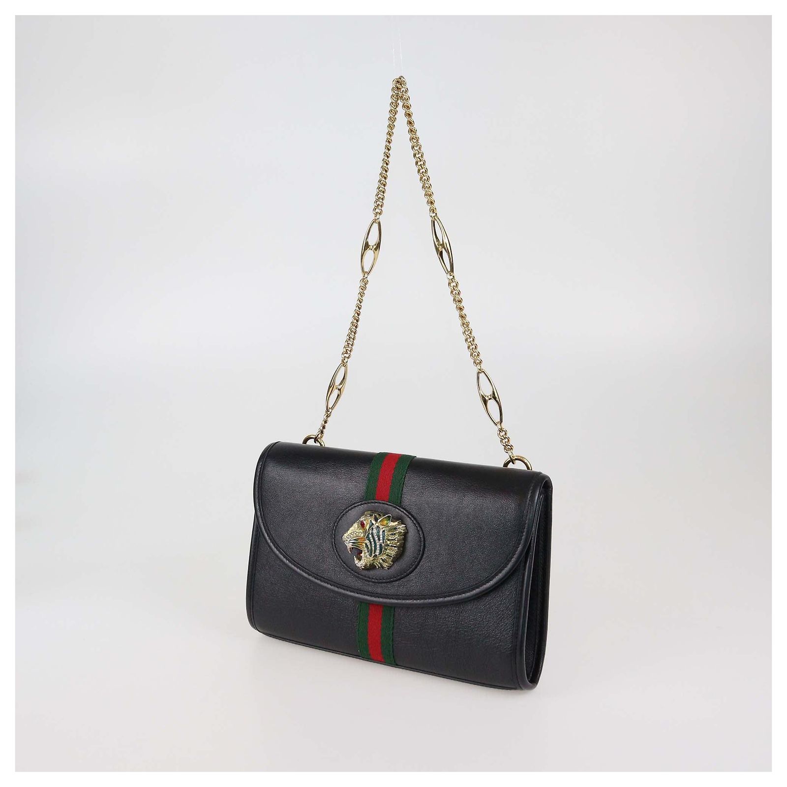 Gucci Black Leather Small Web Rajah Chain Shoulder Bag Cloth ref 