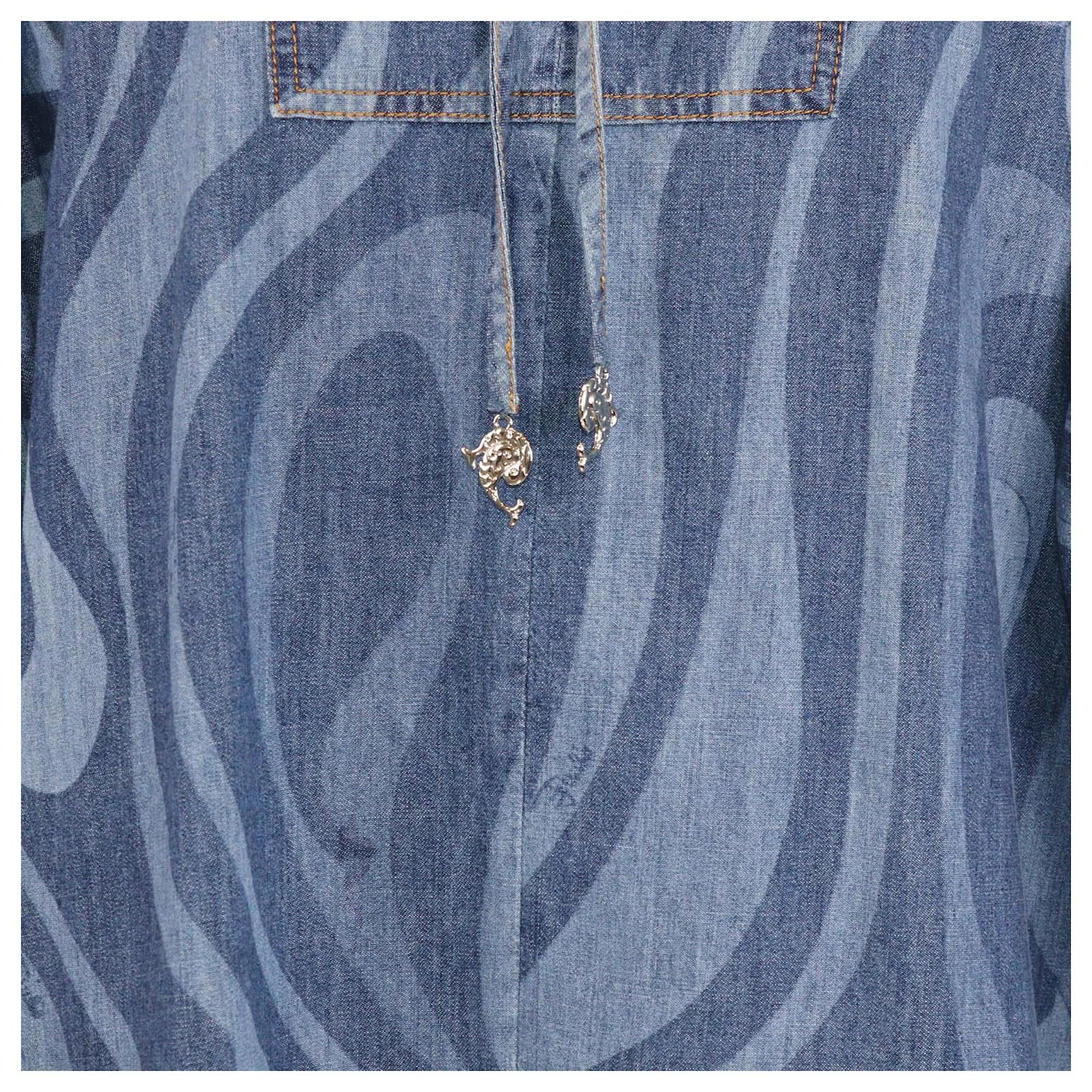pucci denim dress Strapless Marmo-Print Denim Button-Front Mini Dress