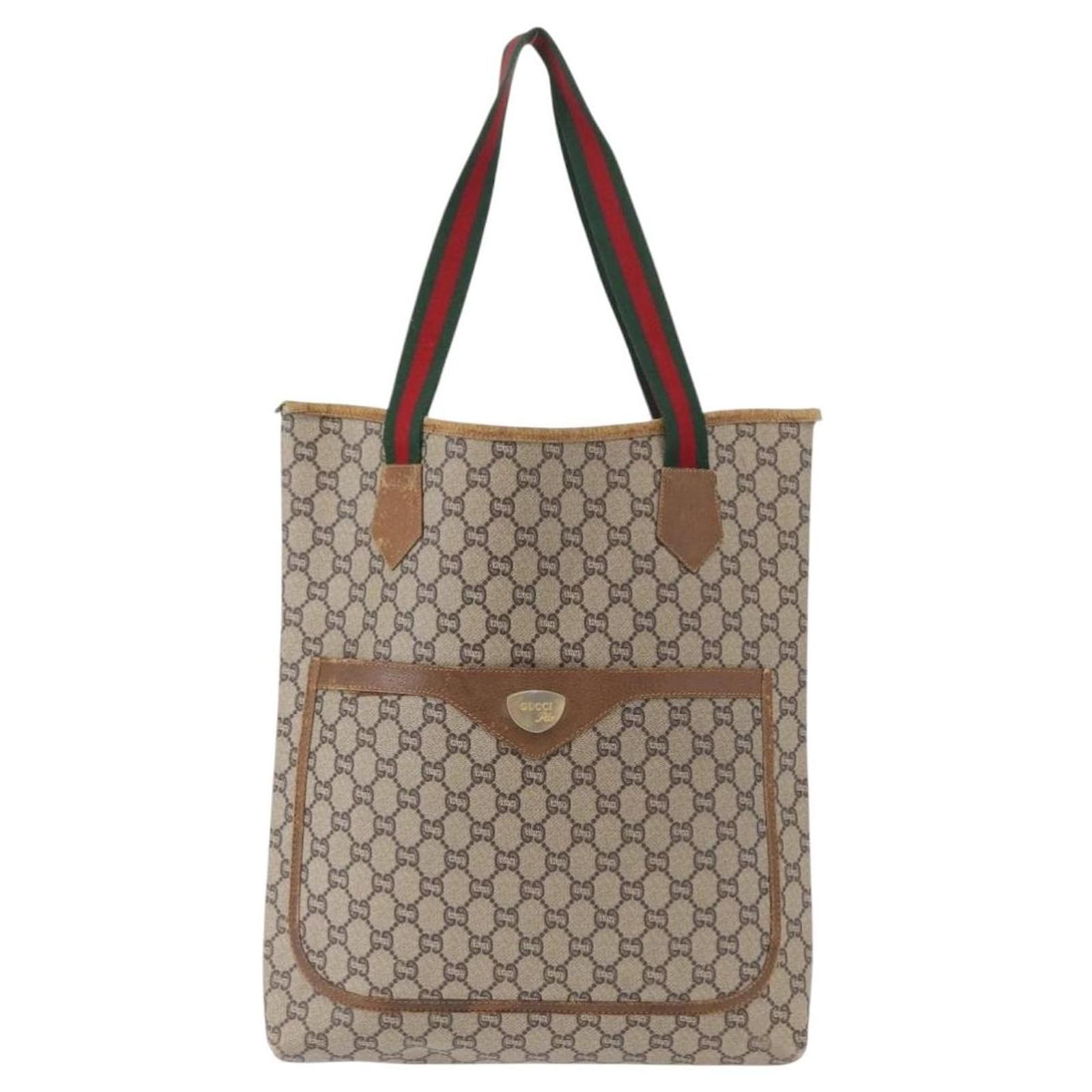 GUCCI GG プラストートバッグ PVC シ エリーライン イタリア製 GUCCI GUCCI Plus Supreme Web Sherry Line Tote Bag PVC Beige Gold