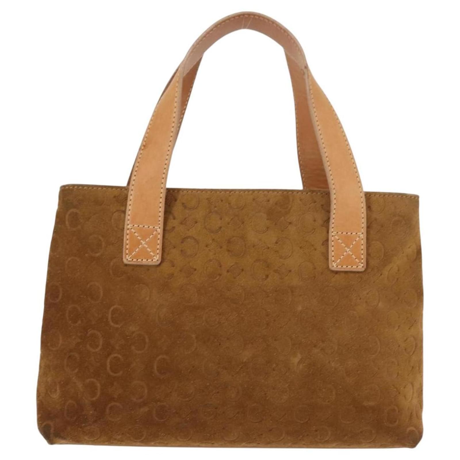 Céline CELINE C Macadam Canvas Hand Bag Suede Brown Gold Auth
