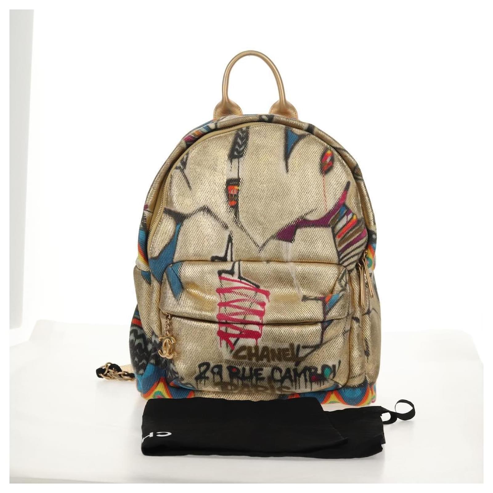CHANEL Graffiti Backpack Canvas Gold CC Auth 148460SAM Golden