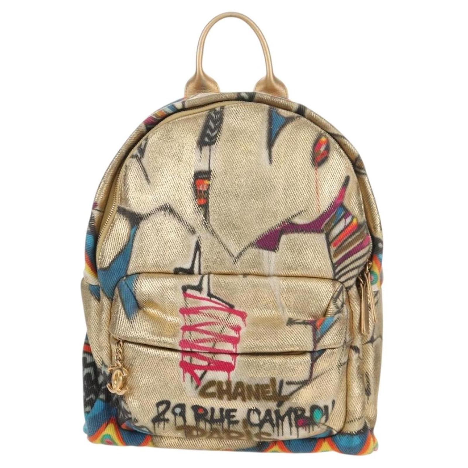 CHANEL Graffiti Backpack Canvas Gold CC Auth 148460SAM Golden
