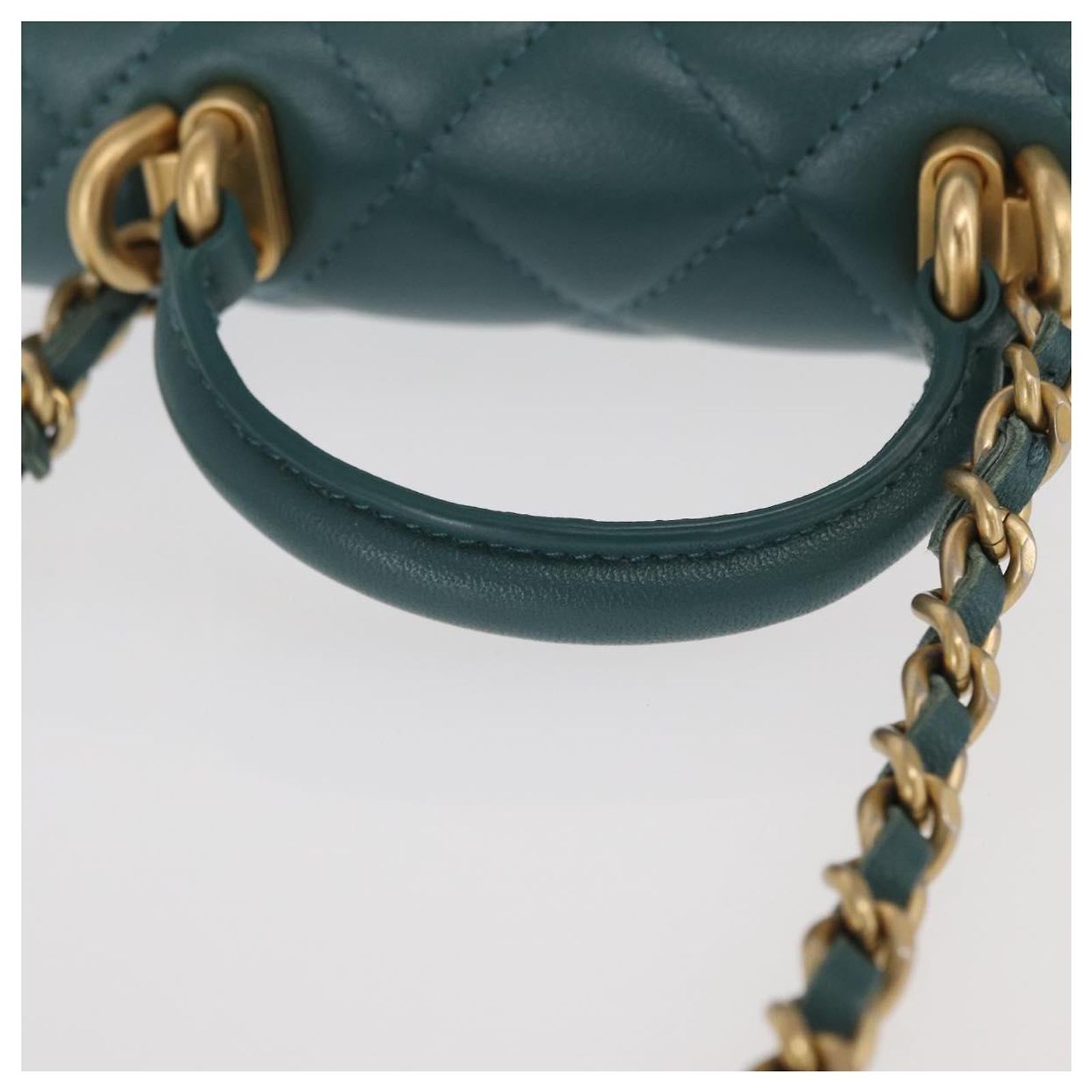 CHANEL Matelasse Chain Shoulder Bag Lamb Skin 2way Green Gold CC