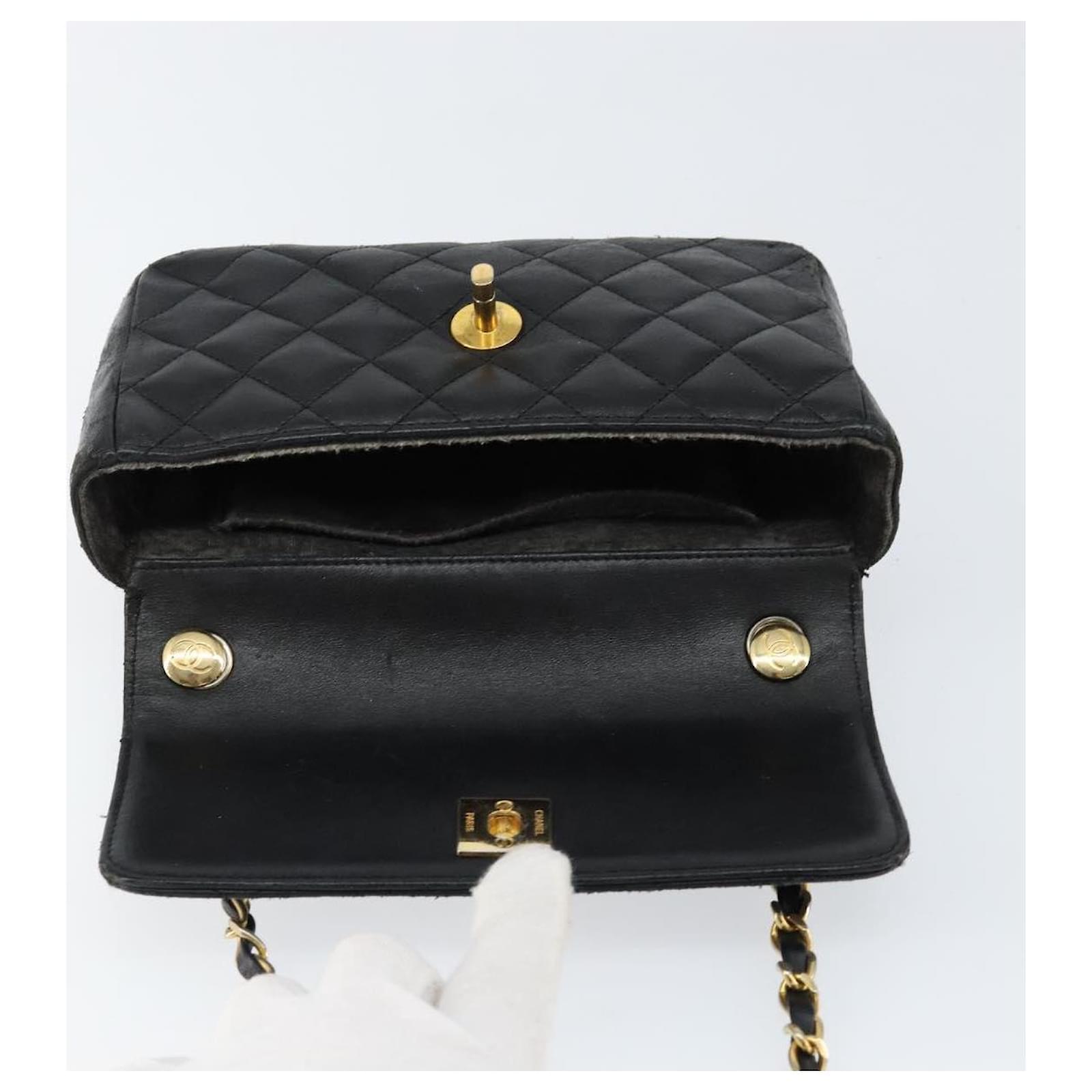 CHANEL Matelasse Chain Shoulder Bag Lamb Skin Black Gold CC Auth