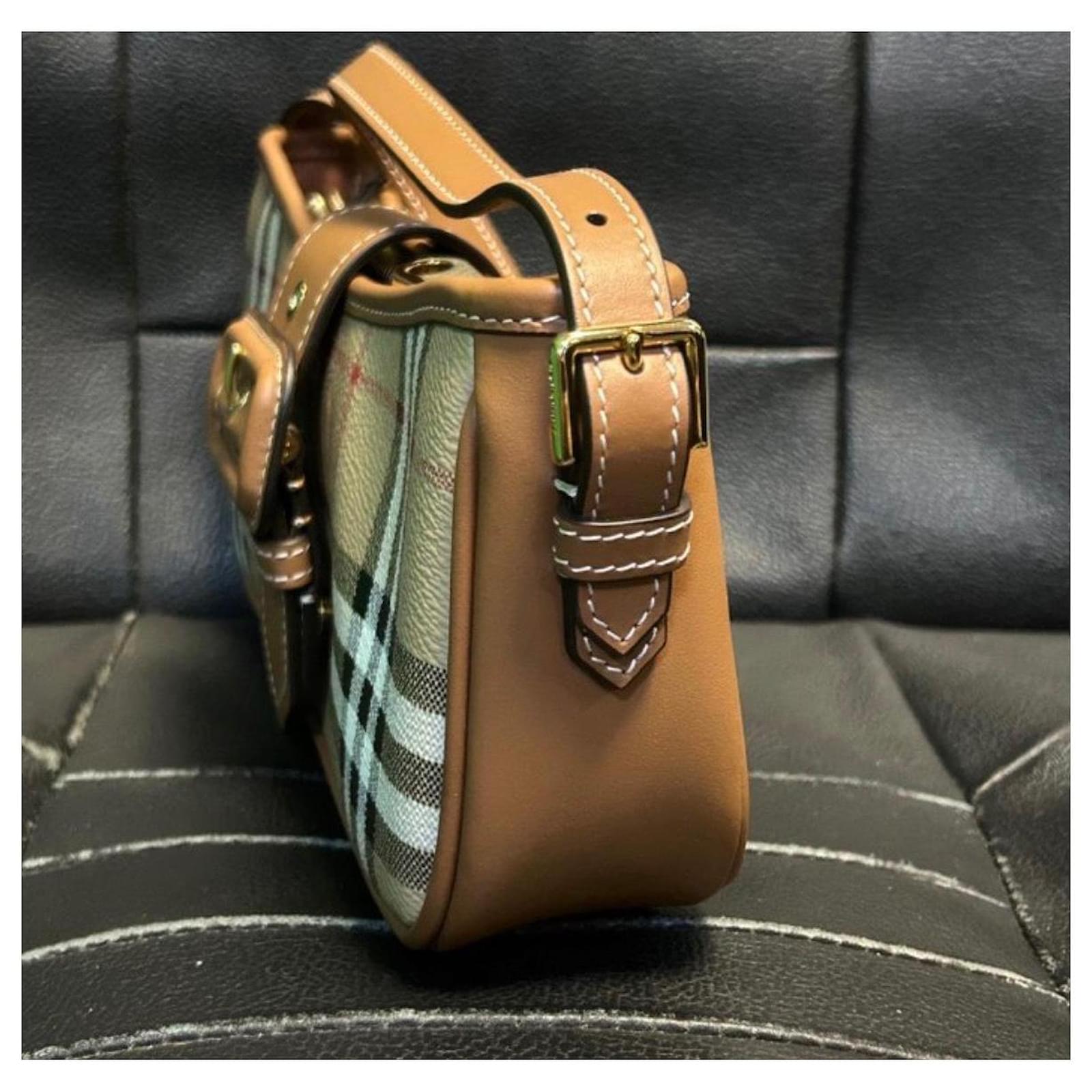 Burberry Check Canvas Shoulder Bag Beige Light Brown Leather ref