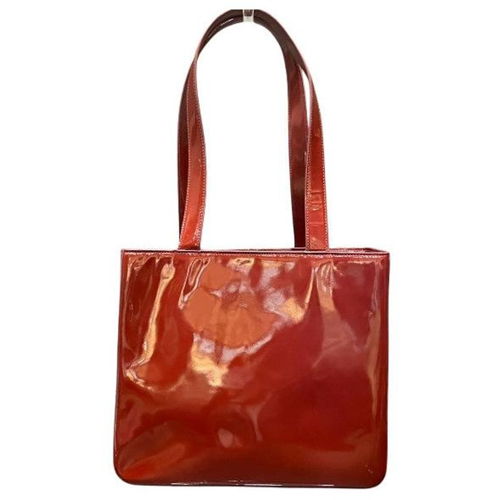 Chanel Logo Embossed Patent Leather Tote Bag Red Enamel ref 