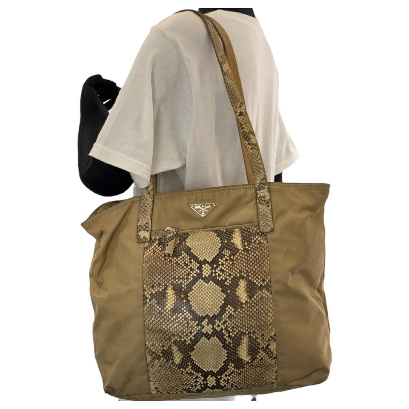 Prada Nylon Tessuto Python Logo Tote Bag Brown Beige ref.2712571 