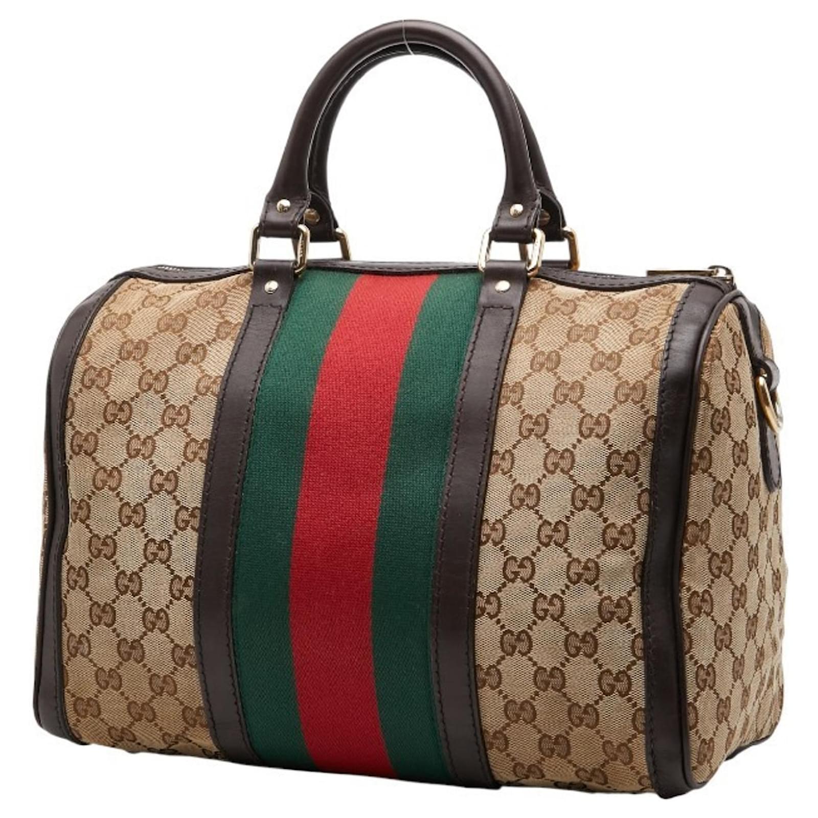 Gucci GG Canvas Sherry Line Mini Boston Bag Brown Beige Leather