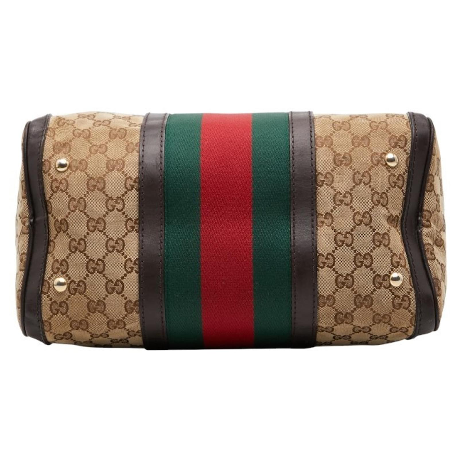 Gucci GG Canvas Sherry Line Mini Boston Bag Brown Beige Leather