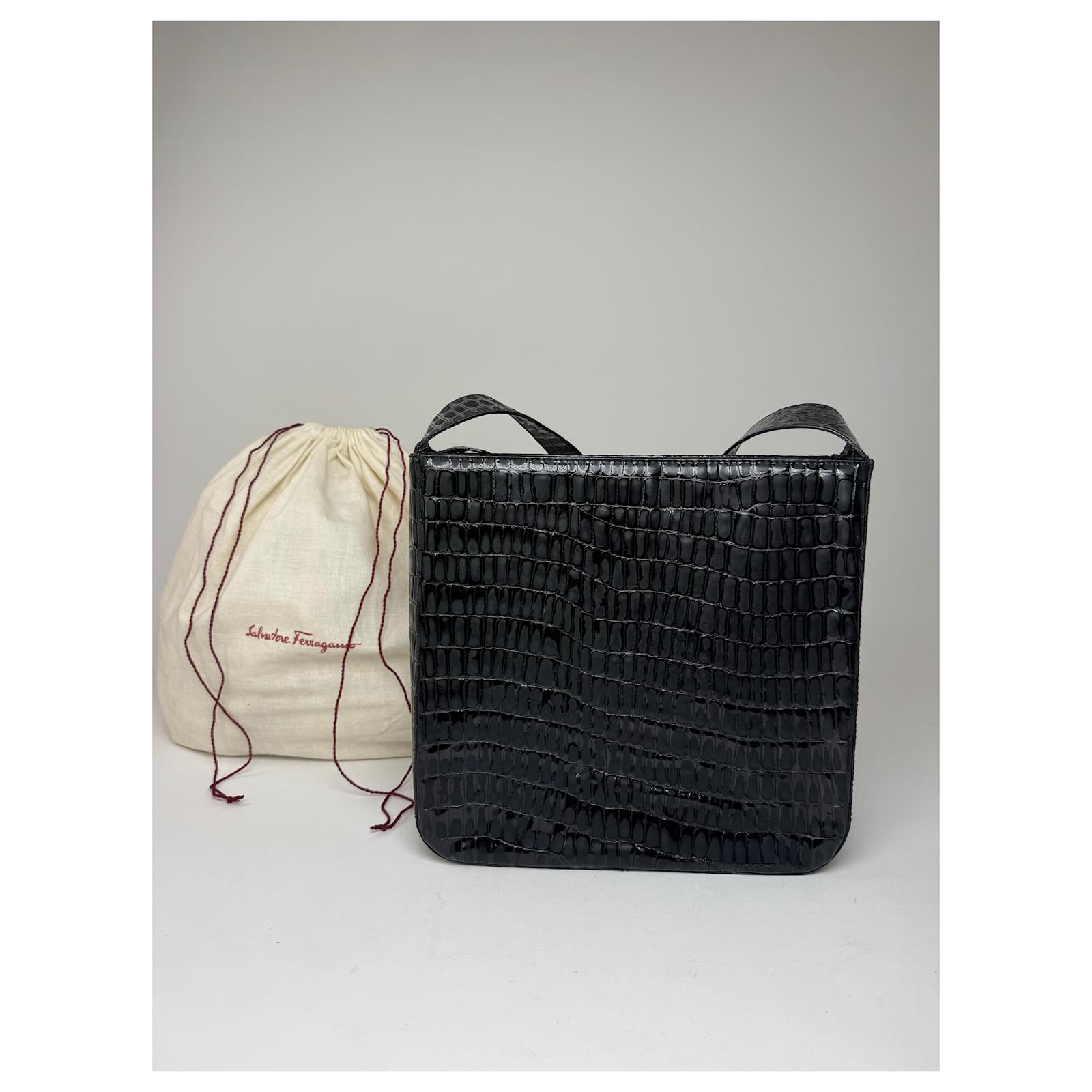 Vintage Salvatore Ferragamo Crocodile Emblossed Leather Bag Black