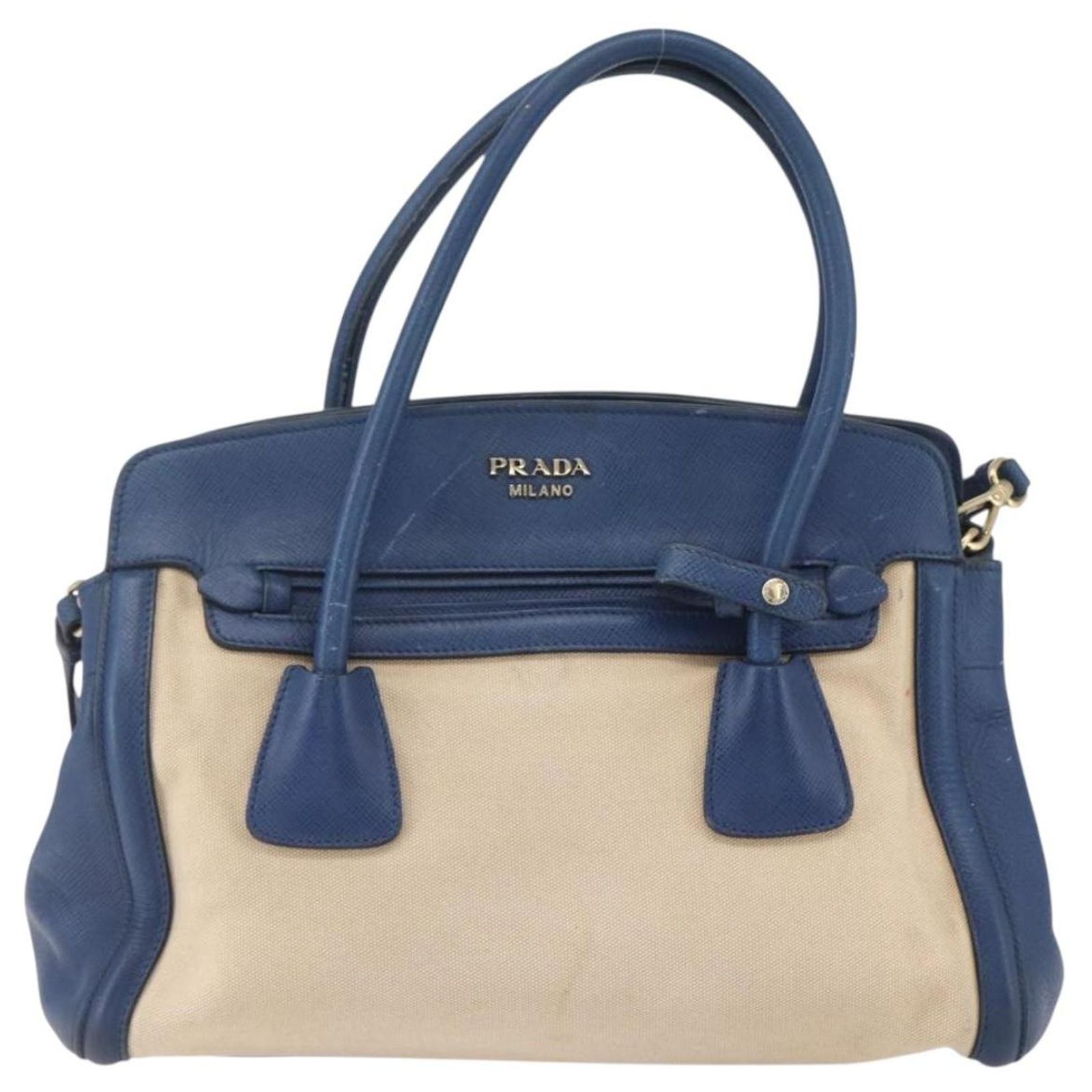 PRADA Hand Bag Canvas 2way Beige Blue Auth ka891 Cloth ref.2719962 