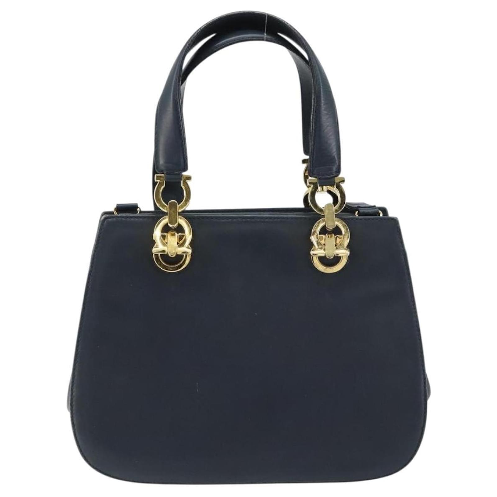 Salvatore Ferragamo Gancini Hand Bag Leather 2way Navy Gold Auth