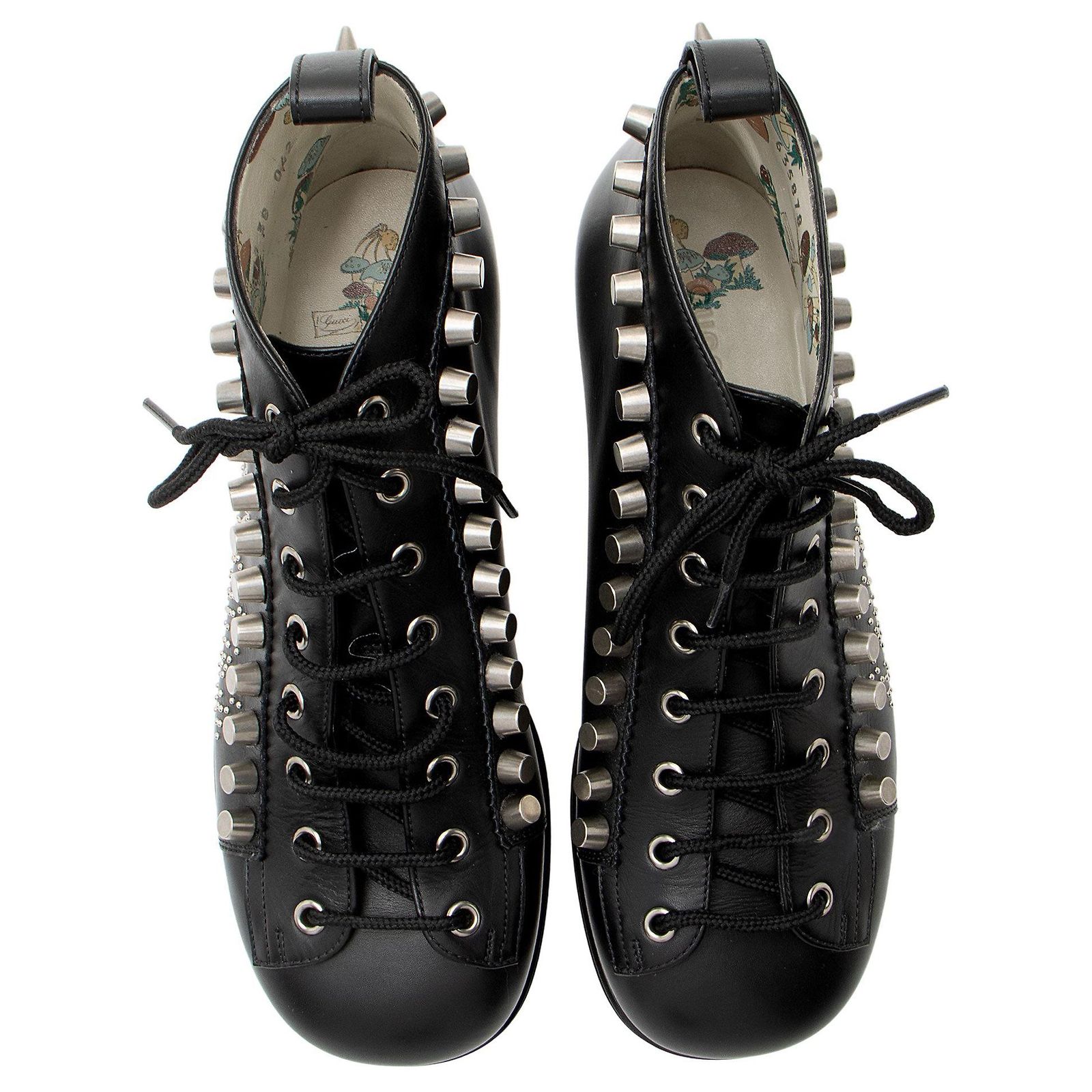 Gucci Calfskin Studded Jakarta Brogue Ankle Boots Black 