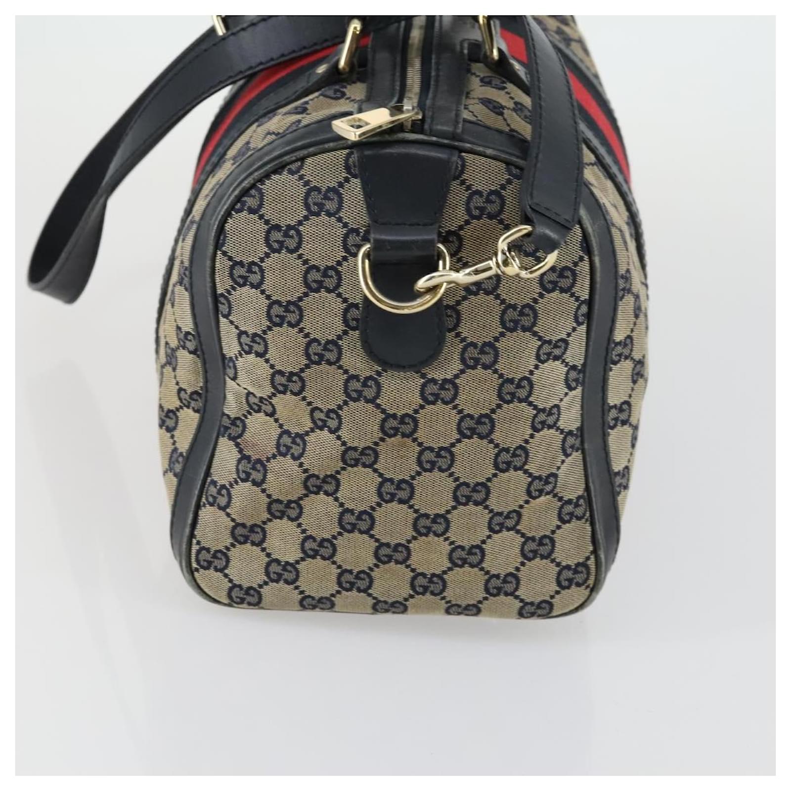 GUCCI GG Canvas Sherry Line Boston Bag 2way Navy Gold 247205 Auth