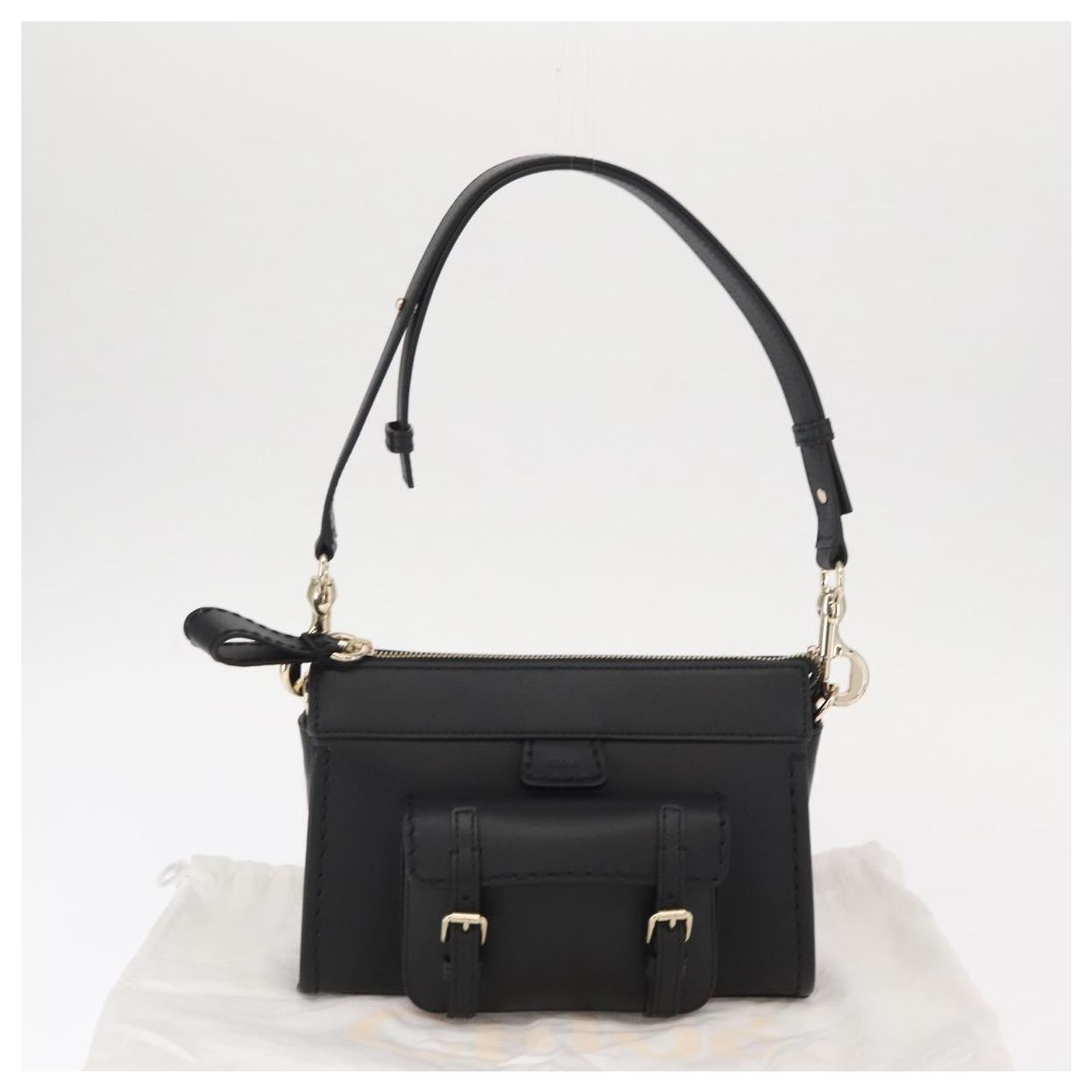 Chloé Chloe Edith Shoulder Bag Leather Black Gold Auth am10259V 