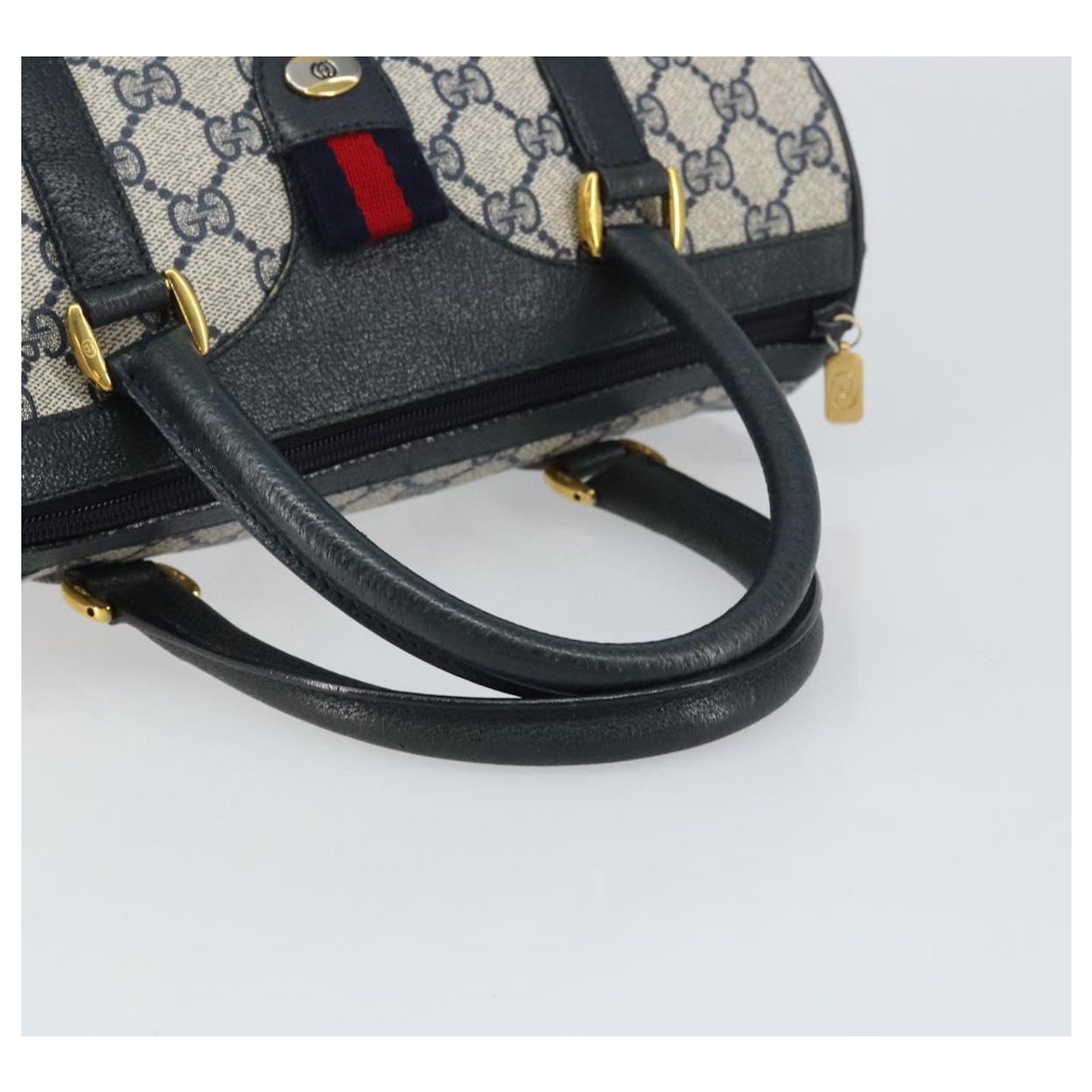 GUCCI GG Supreme Sherry Line Hand Bag PVC Navy Gold Red 39 02 006