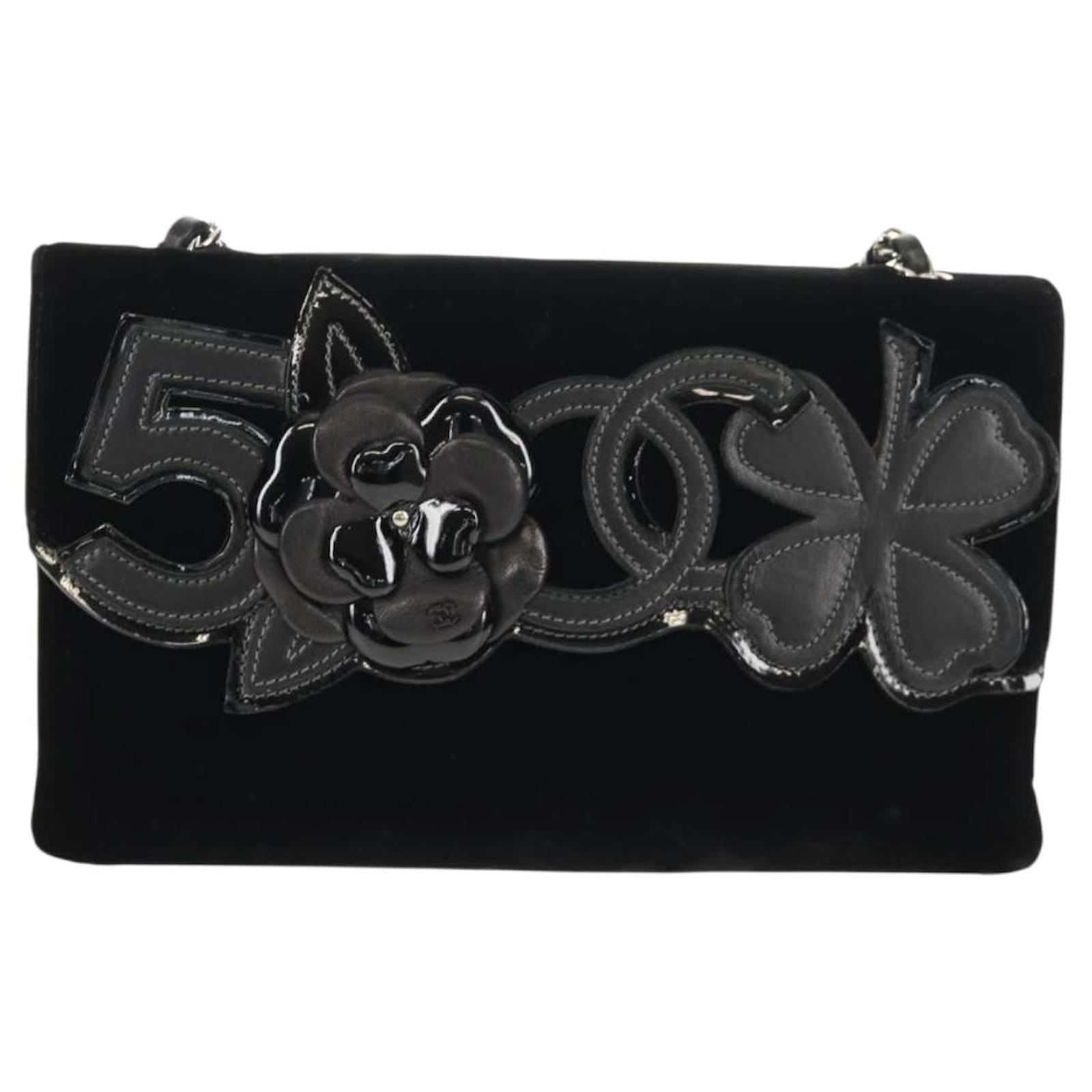 CHANEL Chain COCO Mark Camelia Shoulder Bag Velor Black Silver CC