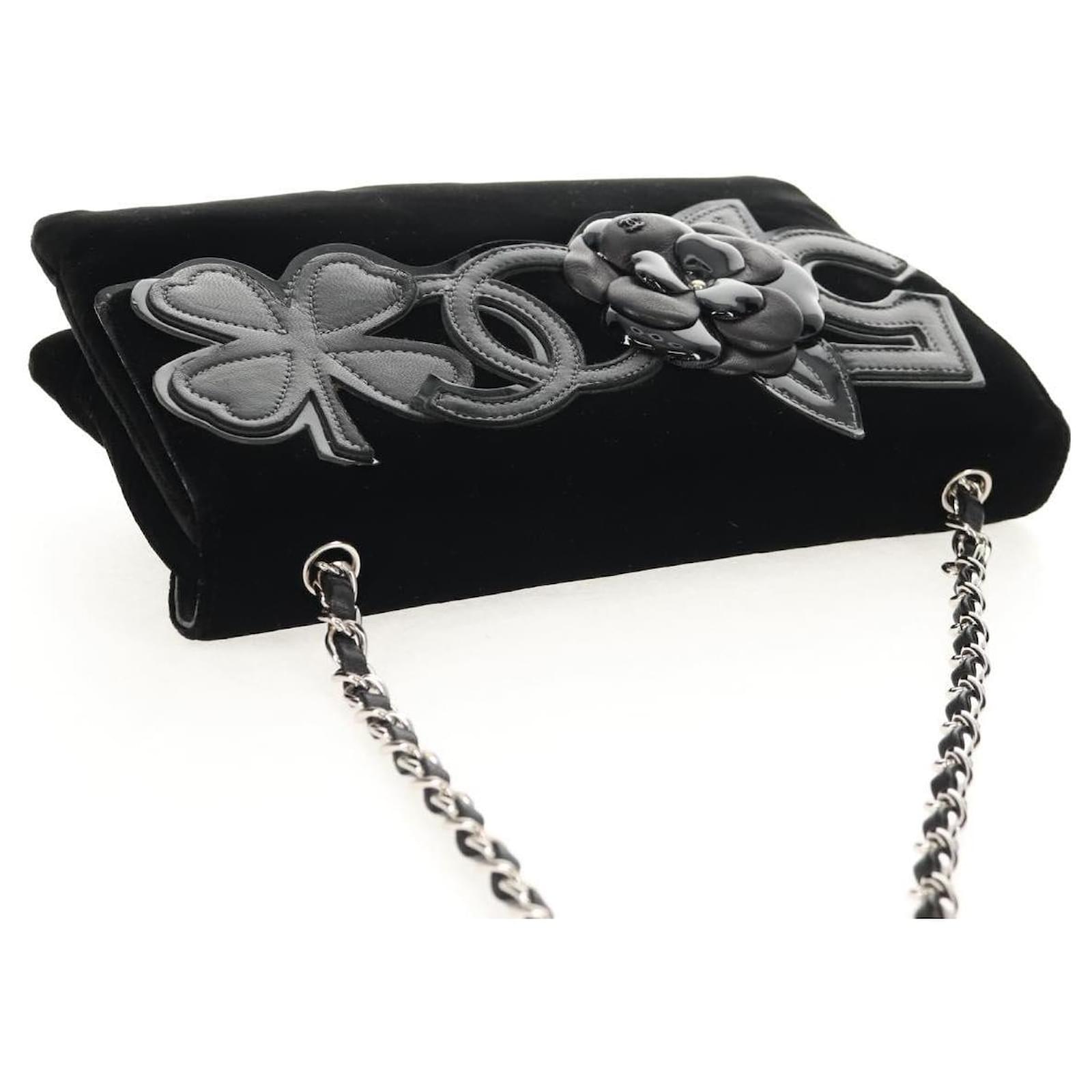 CHANEL Chain COCO Mark Camelia Shoulder Bag Velor Black Silver CC